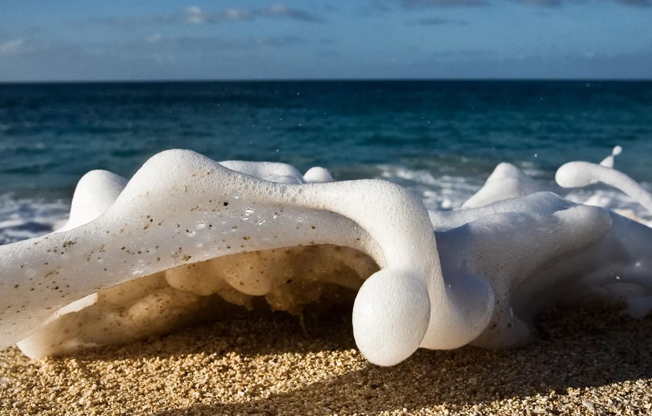 Фото обои песок, море, пена, вода, макро, океан, берег, волна