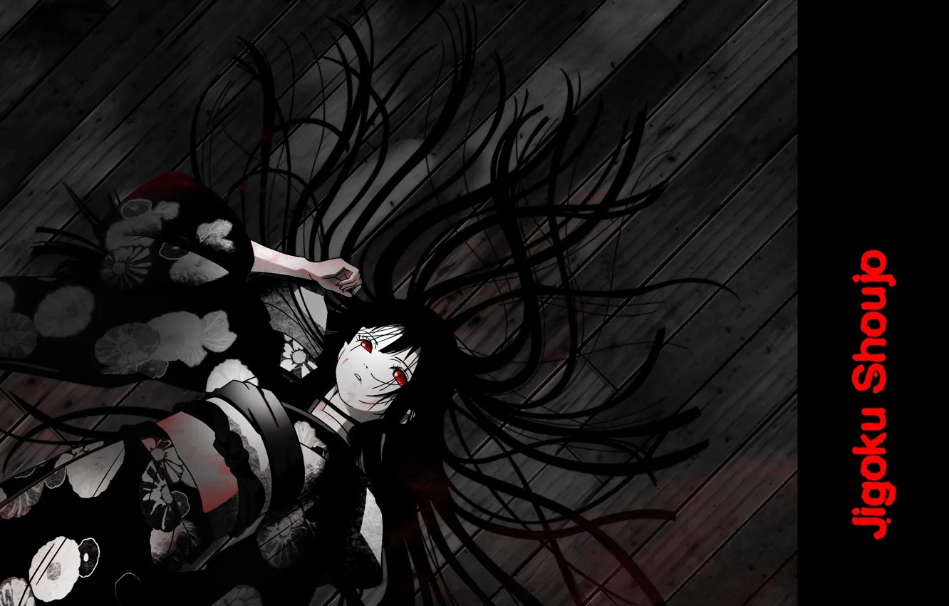 Фото обои красные глаза, лежит на полу, Enma Ai, Jigoku Shoujo, Hell girl, Адская девочка, распушенные волосы