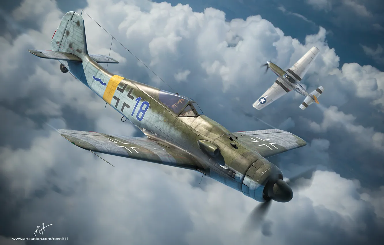 Фото обои истребитель-моноплан, Focke-Wulf, Люфтваффе, немецкий одноместный одномоторный поршневой, Antonis (rOEN911) Karidis, FW-190 D-9, Blue 18