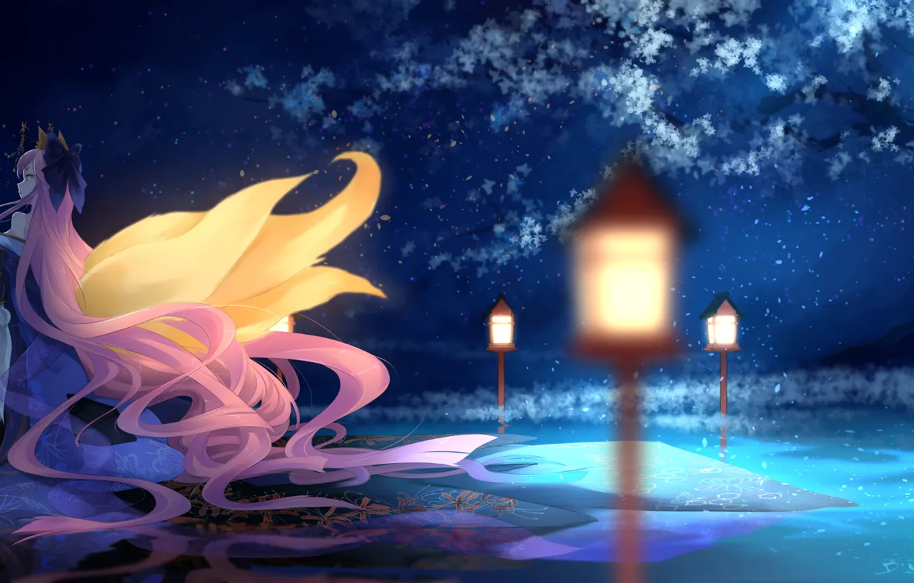 Фото обои вода, девушка, ночь, отражение, дерево, аниме, арт, фонари