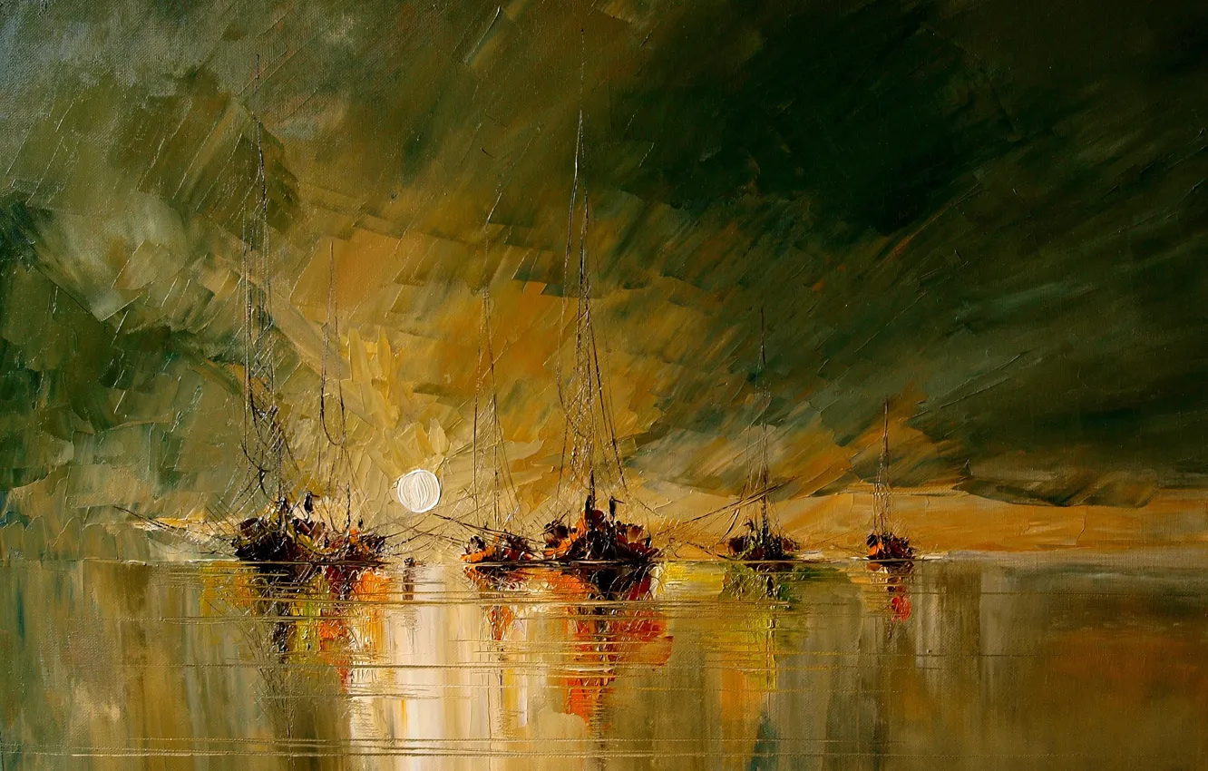 Фото обои море, солнце, рисунок, картина, лодки, арт