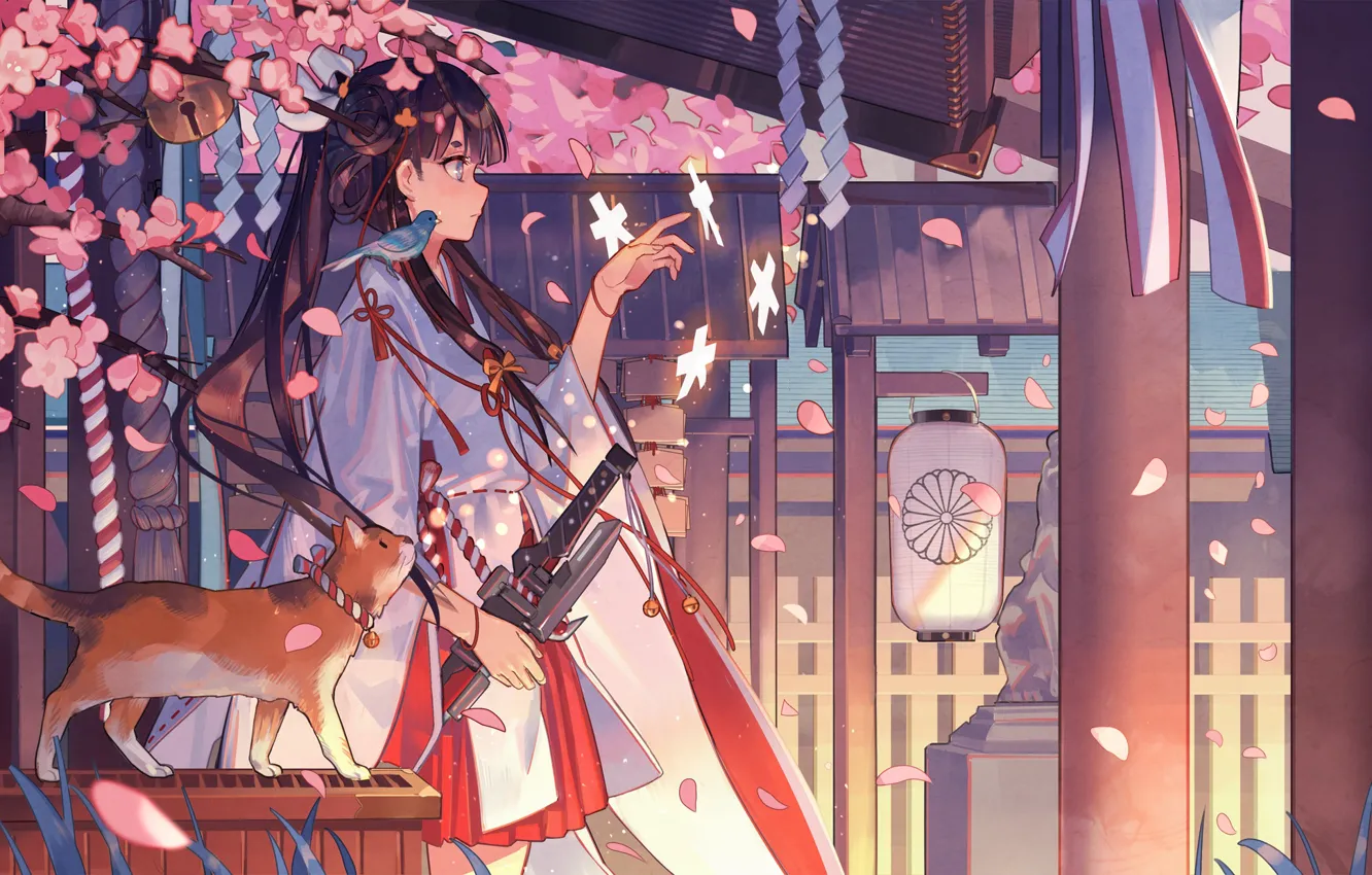 Фото обои кошка, магия, сакура, фонарь, храм, кимоно, птичка, жрица