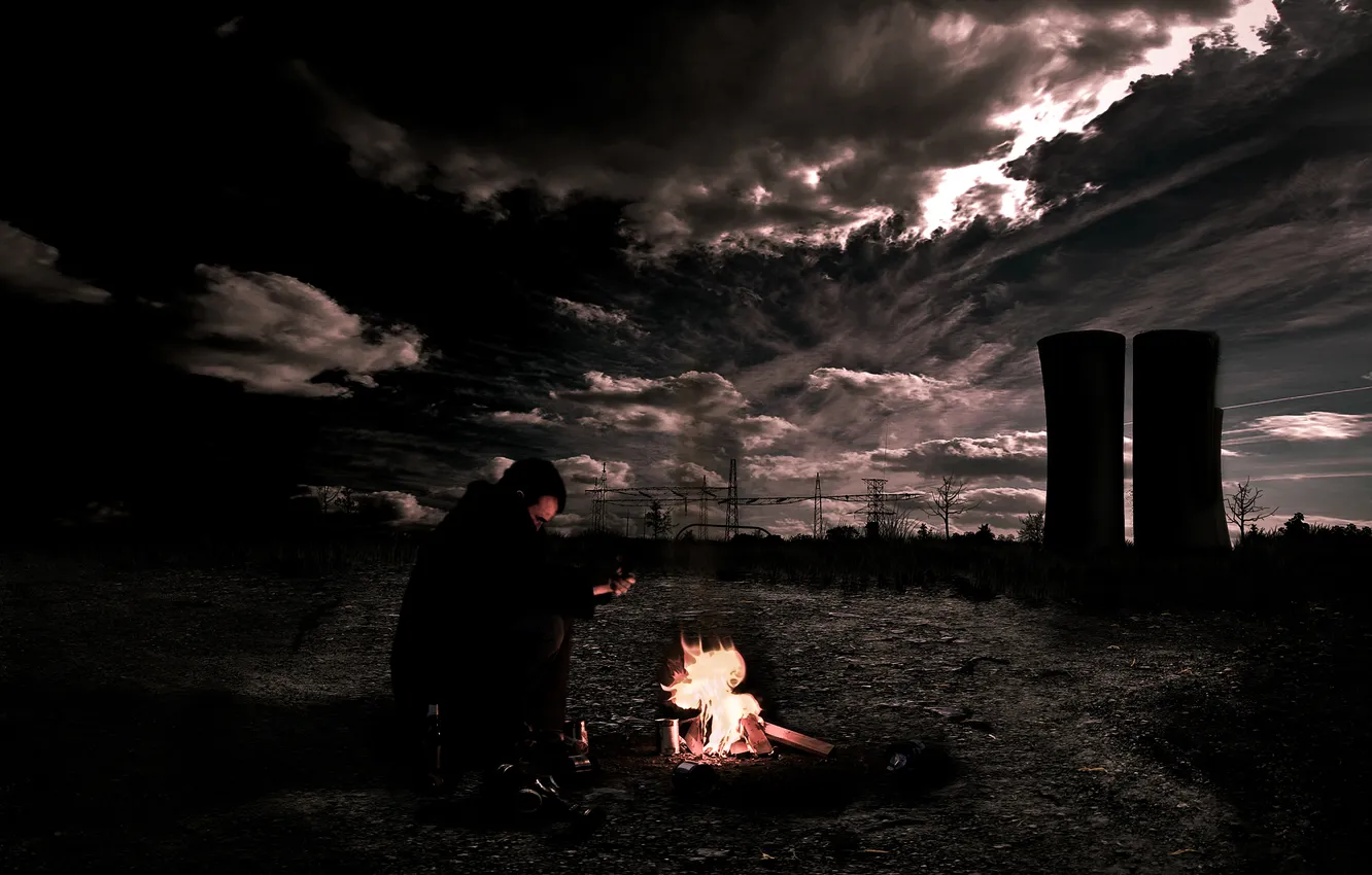 Фото обои ночь, человек, башни, постапокалипсис