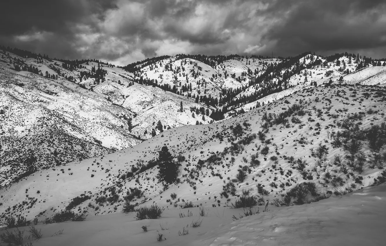 Фото обои storm, winter, clouds, snow, hills