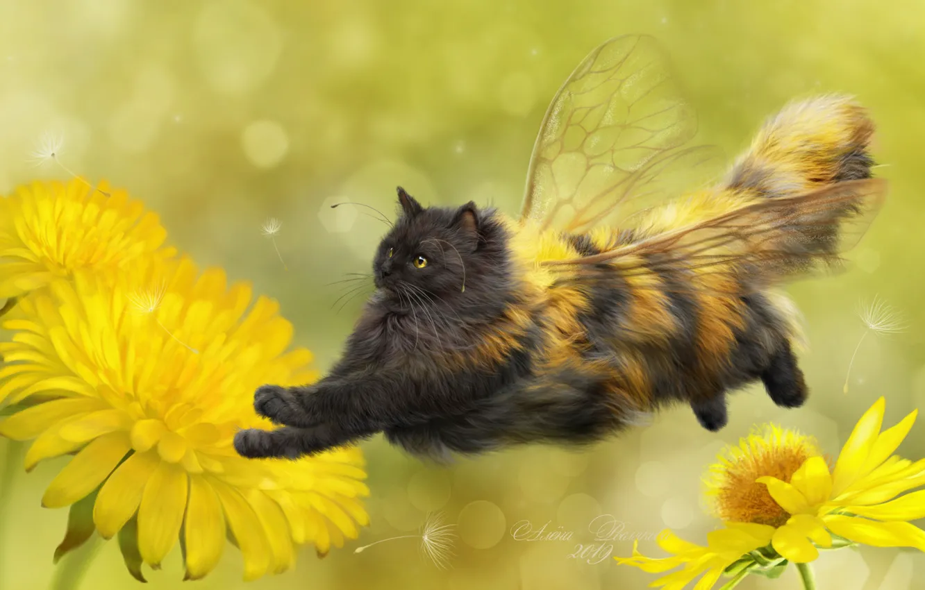 Фото обои кошка, цветы, фон, арт, одуванчики, крылышки, пушистая, кошка-пчёлка