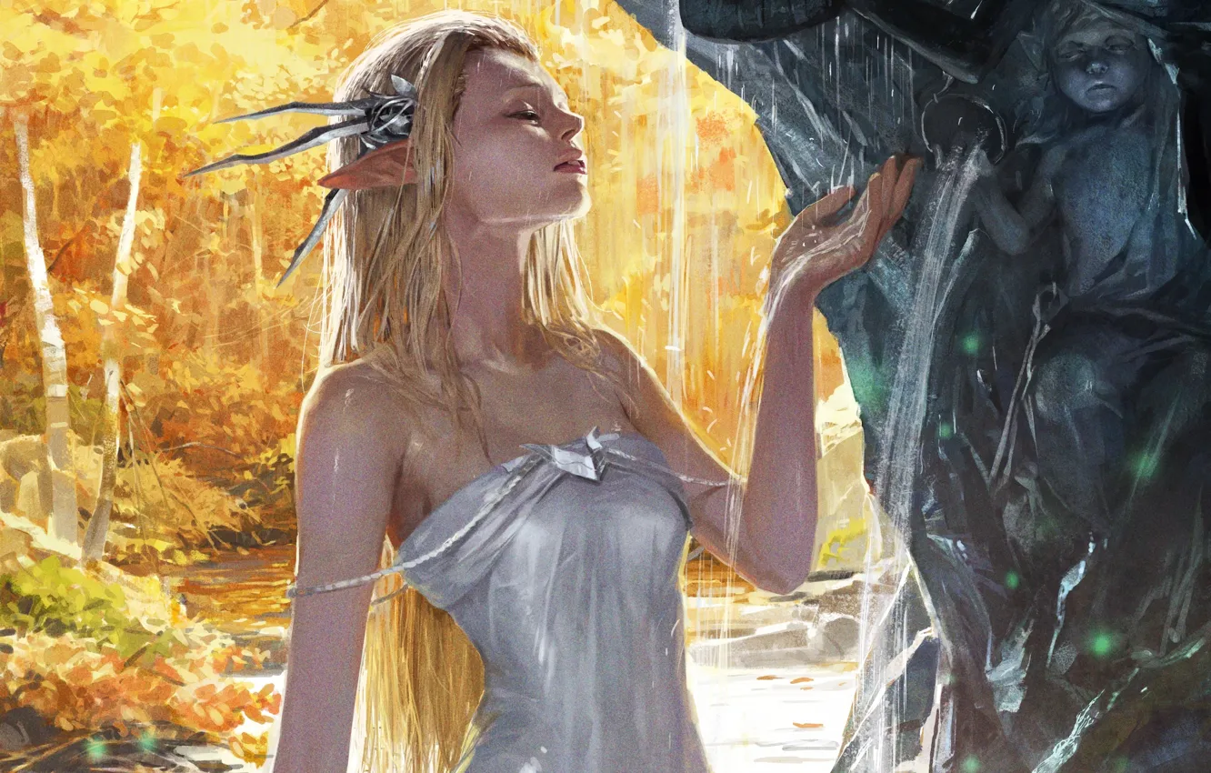 Фото обои осень, лес, девушка, рисунок, водопад, мокрая, платье, фэнтези