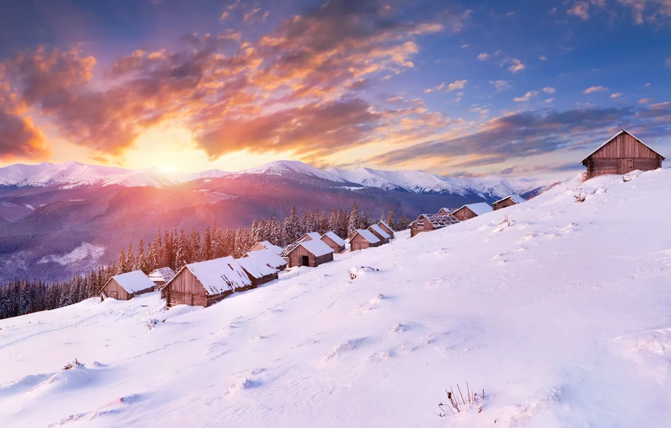 Фото обои холод, зима, лес, солнце, облака, снег, пейзаж, горы