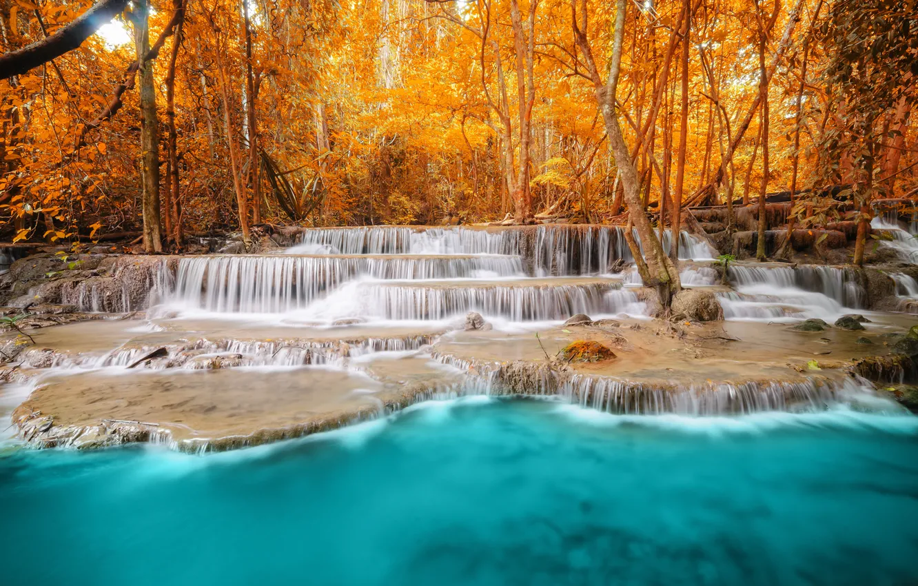 Фото обои осень, лес, деревья, пейзаж, природа, река, водопад, голубая вода