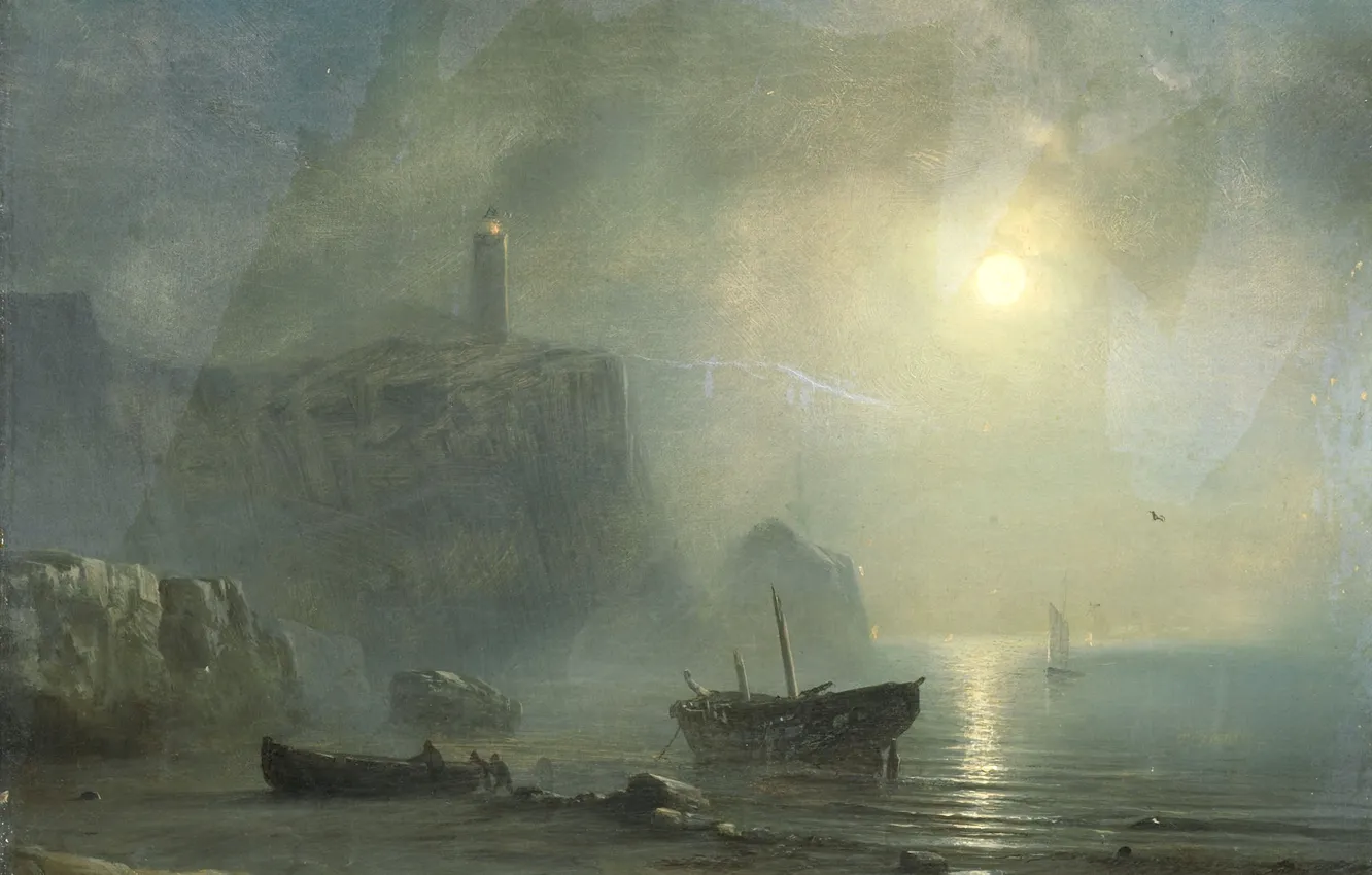 Фото обои пейзаж, масло, картина, холст, 1880, Вид на скалистый берег в лунном свете, Теодор Гюден, Theodore …