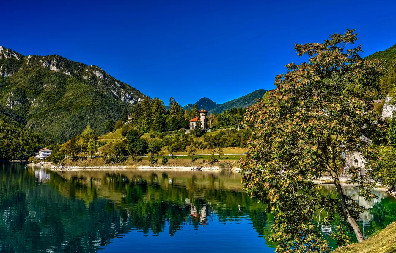 Фото обои деревья, горы, озеро, вилла, Италия, Italy, Тоскана, Tuscany