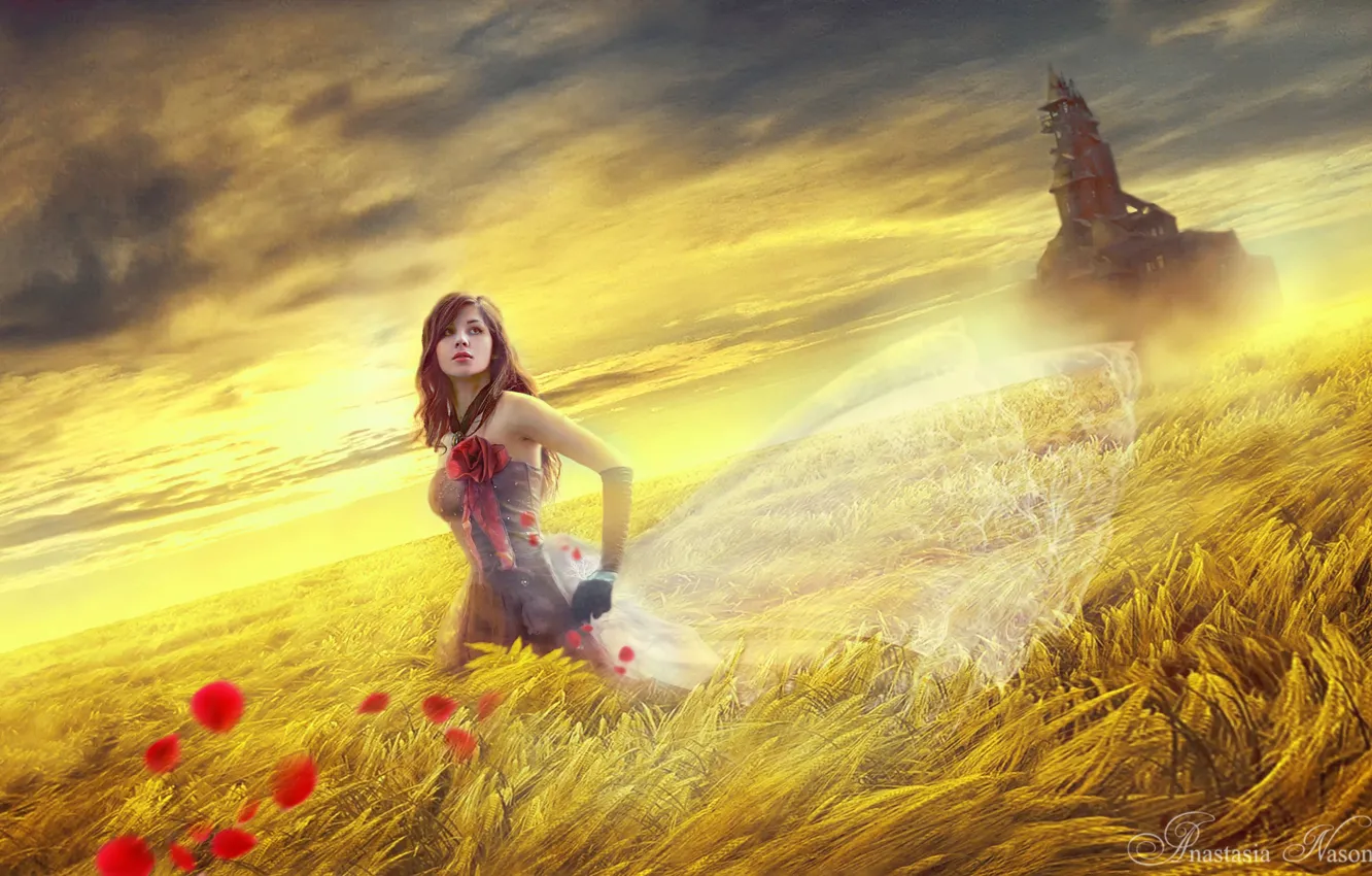 Фото обои поле, девушка, замок, фантазия, арт, Anastasia Nasonova