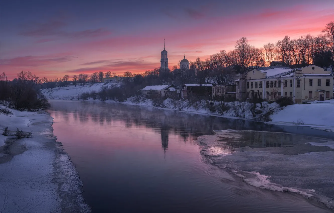 Фото обои река, утро, церковь, март, Анна Политова