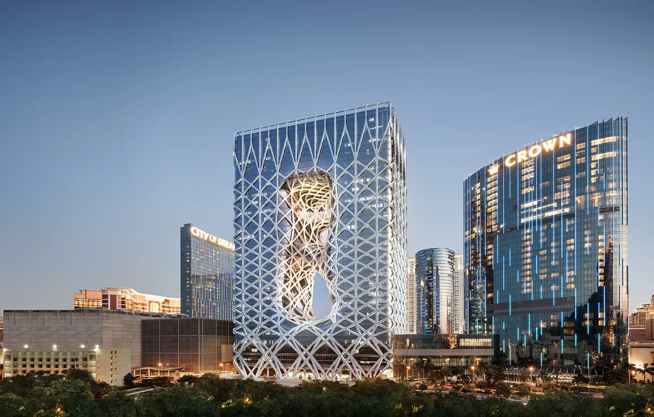 Фото обои Вечер, Линии, Архитектура, Небоскреб, Макао, Morpheus Hotel, Готель