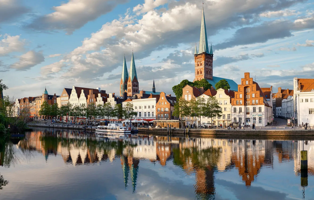 Фото обои река, Германия, Любек, Germany, River, Шлезвиг-Гольштейн, Lubeck, Schleswig Holstein