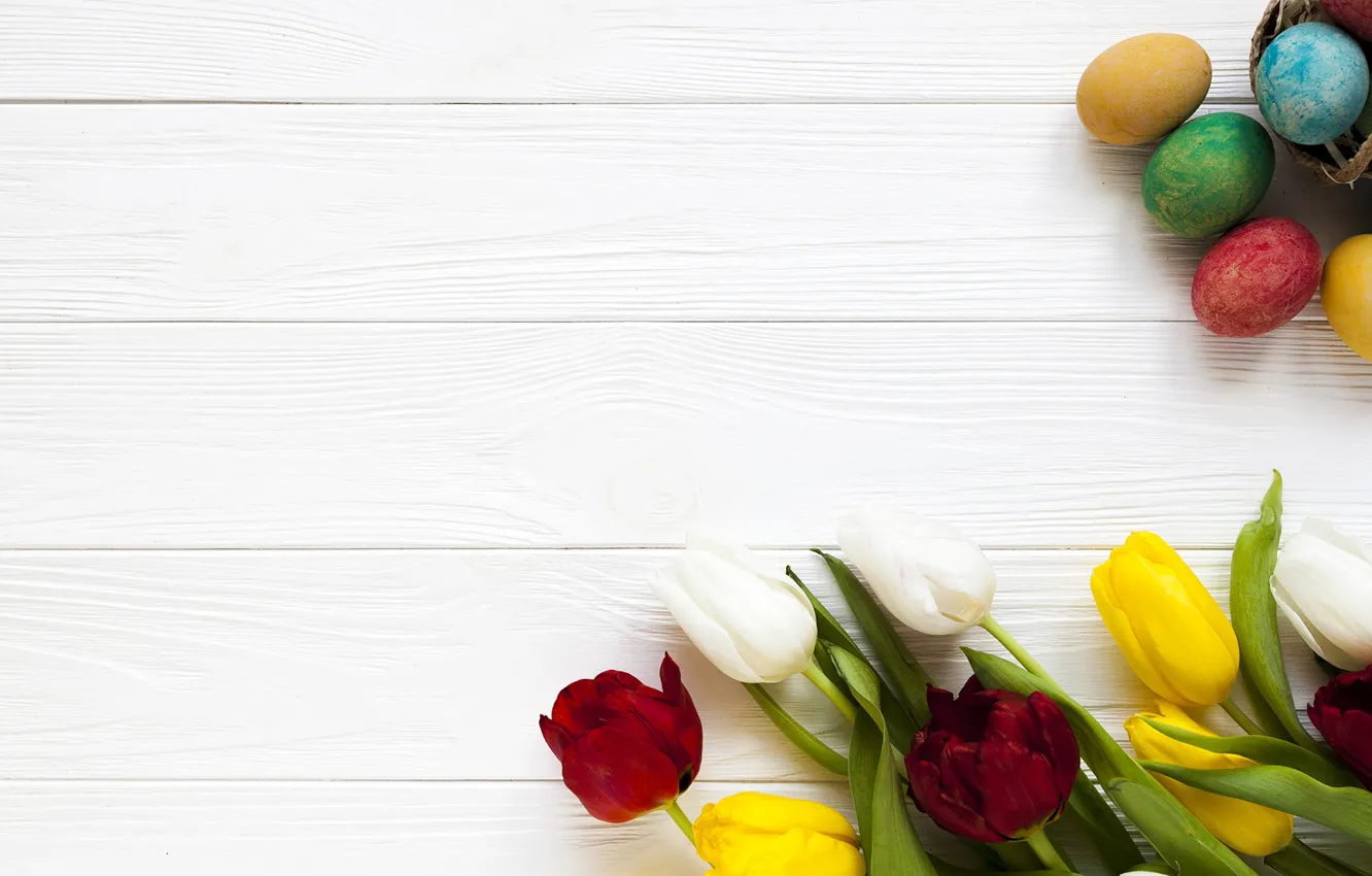 Фото обои яйца, весна, Пасха, тюльпаны