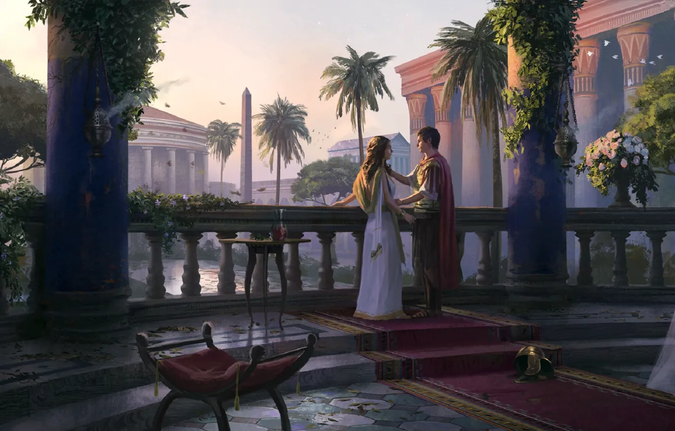 Фото обои девушка, улица, Рим, мужчина, влюбленные, архитектура, колонна