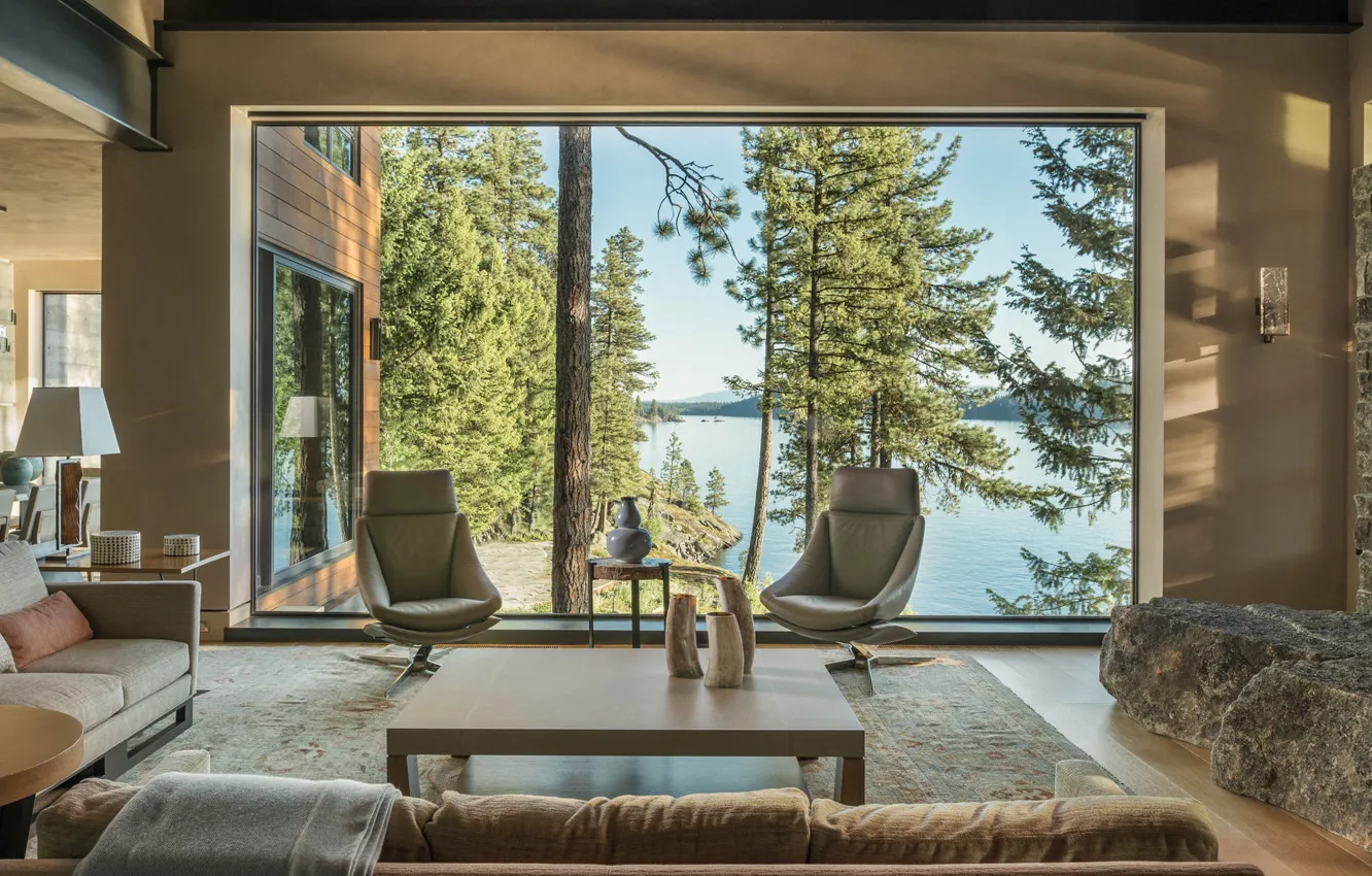 Фото обои дизайн, стиль, интерьер, гостиная, столовая, штат Айдахо, Idaho, вид на озеро