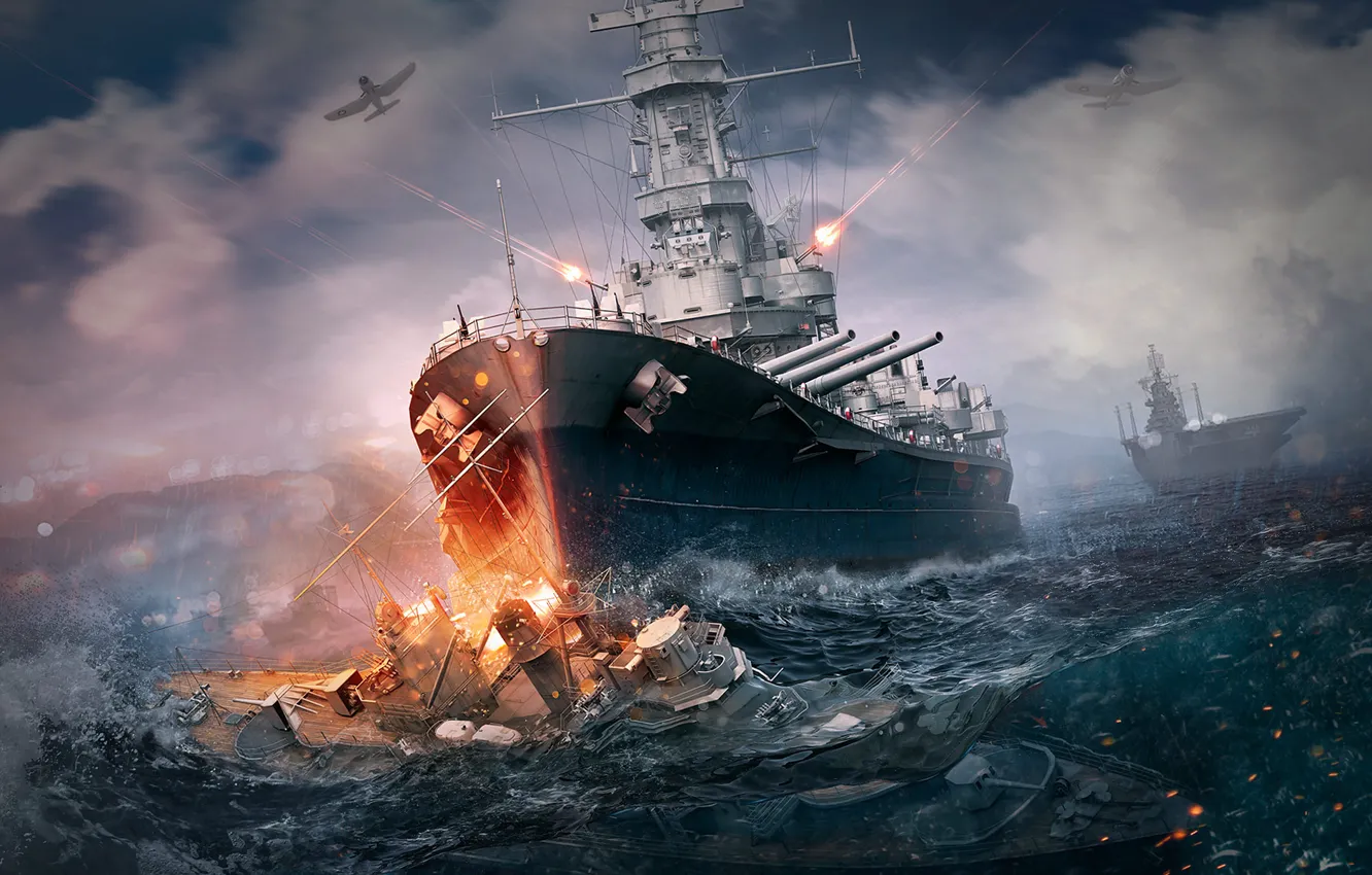Фото обои море, брызги, корабли, бой, самолеты, стрельба, таран, World Of Warship