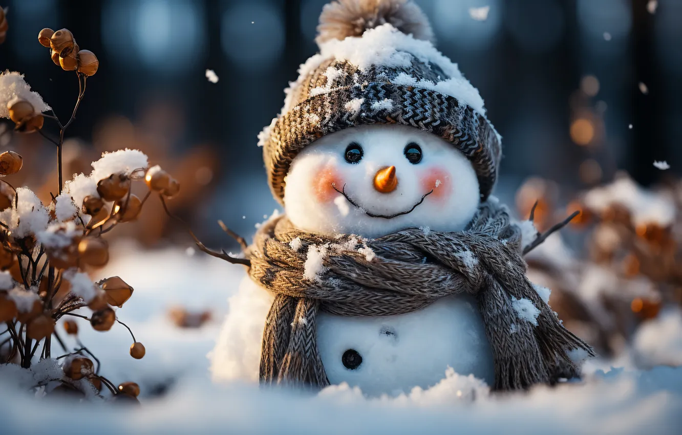 Фото обои зима, снег, Рождество, Новый год, снеговик, Christmas, winter, snow