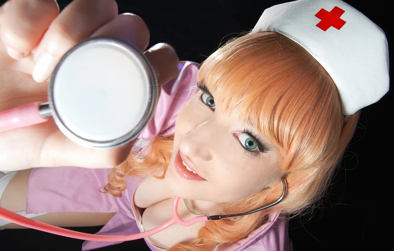 Фото обои взгляд, Девушка, декольте, медсестра, cosplay, стетоскоп