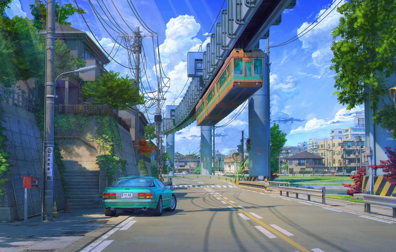 Фото обои авто, разметка, столбы, провода, Япония, вагон, голубое небо, ArsenXC