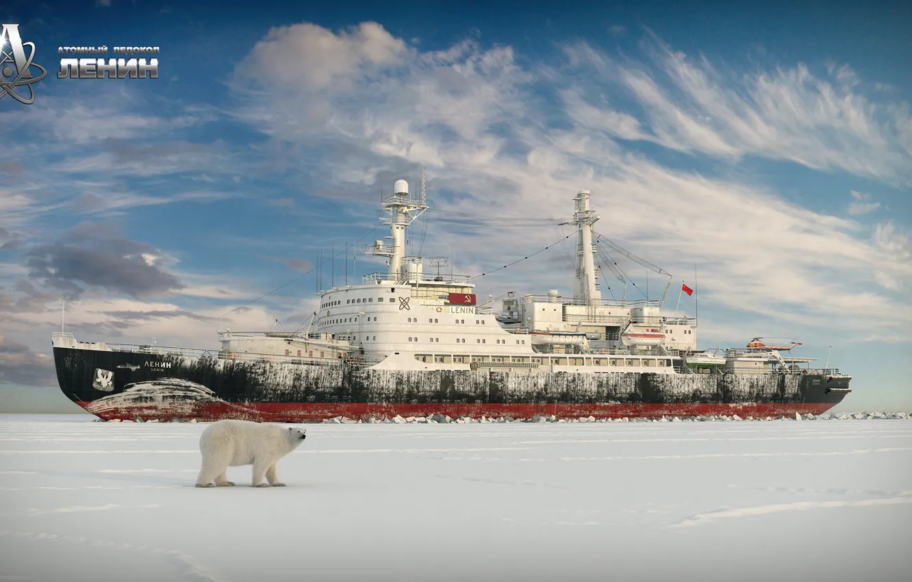 Фото обои медведь, полярный медведь, ледокол, Арктика, Властелин Арктики, Денис Ерёменков, Denis_er, ледокол Ленин