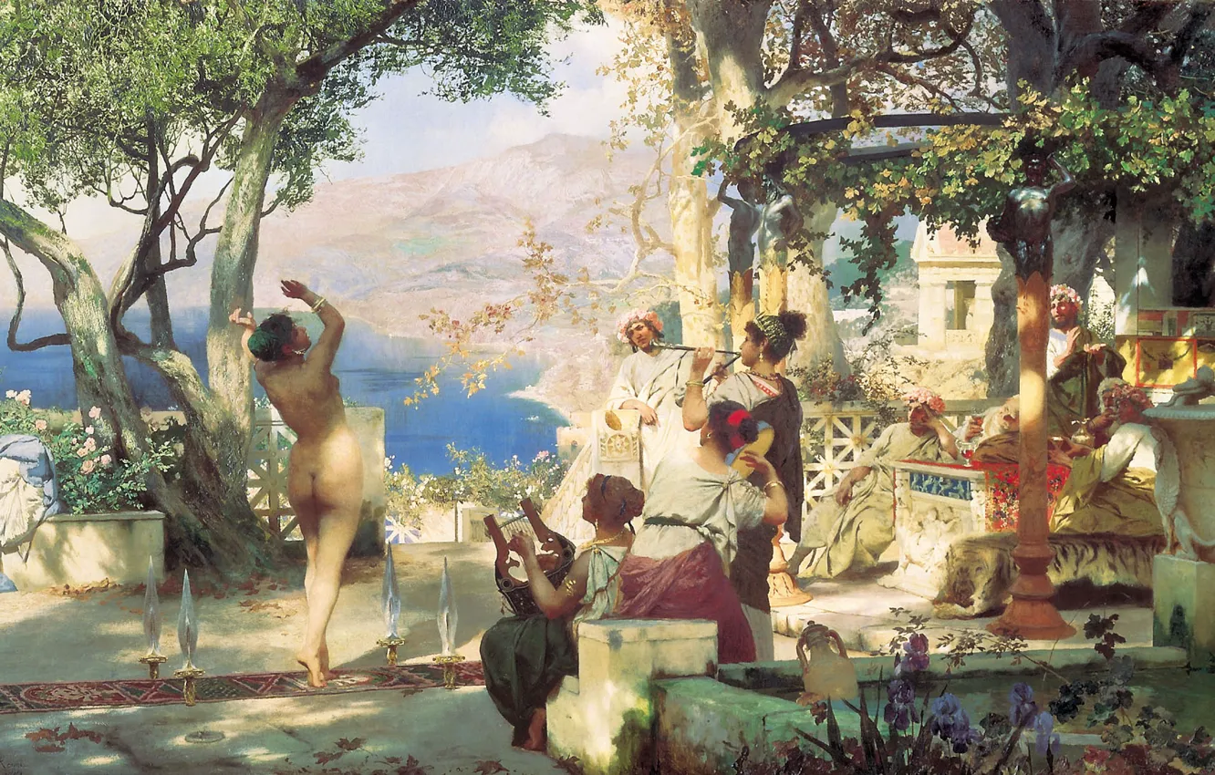 Фото обои горы, озеро, масло, Холст, выступление, 1881, голая женщина, Генрих СЕМИРАДСКИЙ