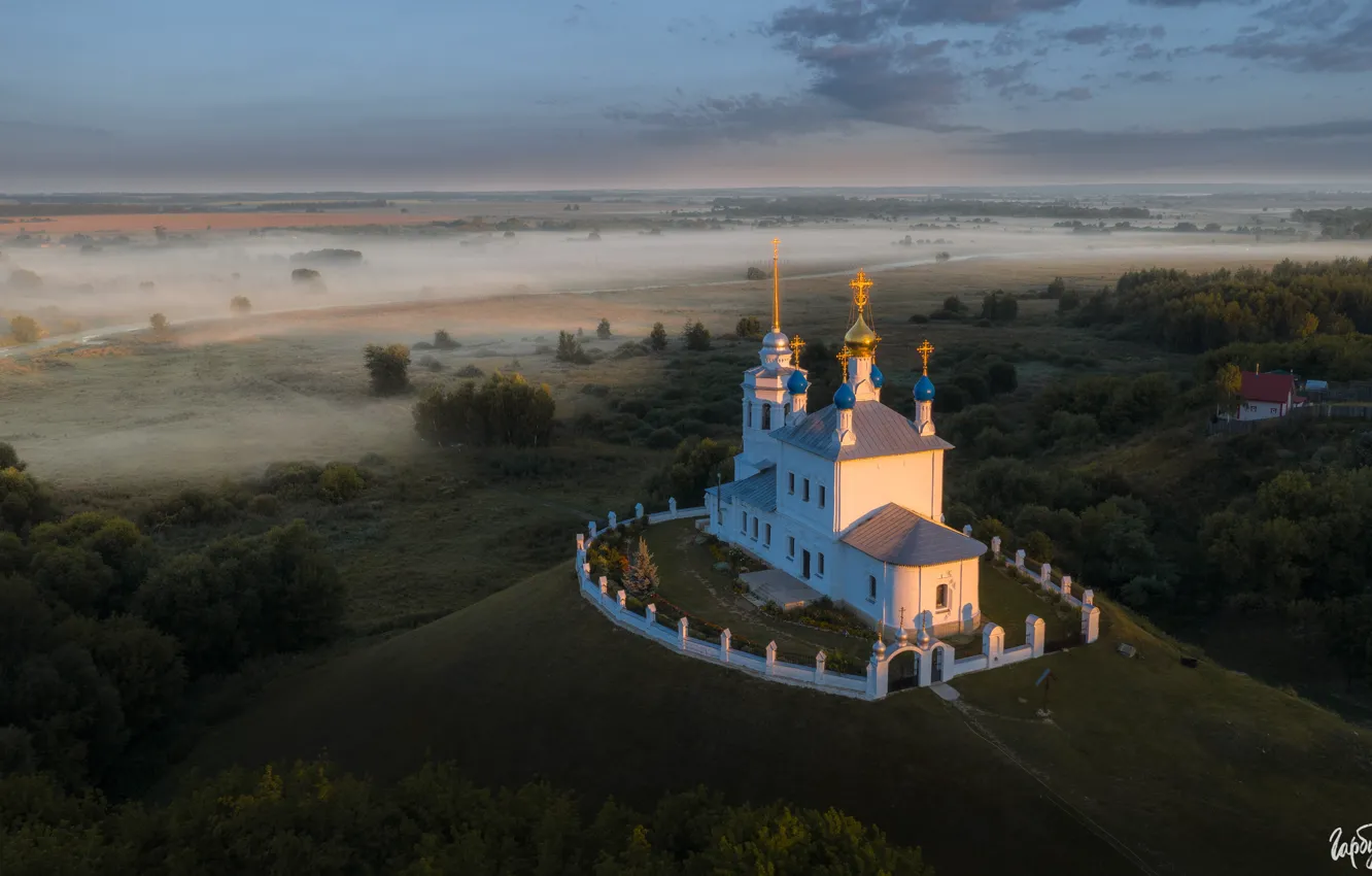 Фото обои пейзаж, природа, туман, поля, храм, посёлок, Илья Гарбузов, Епифань
