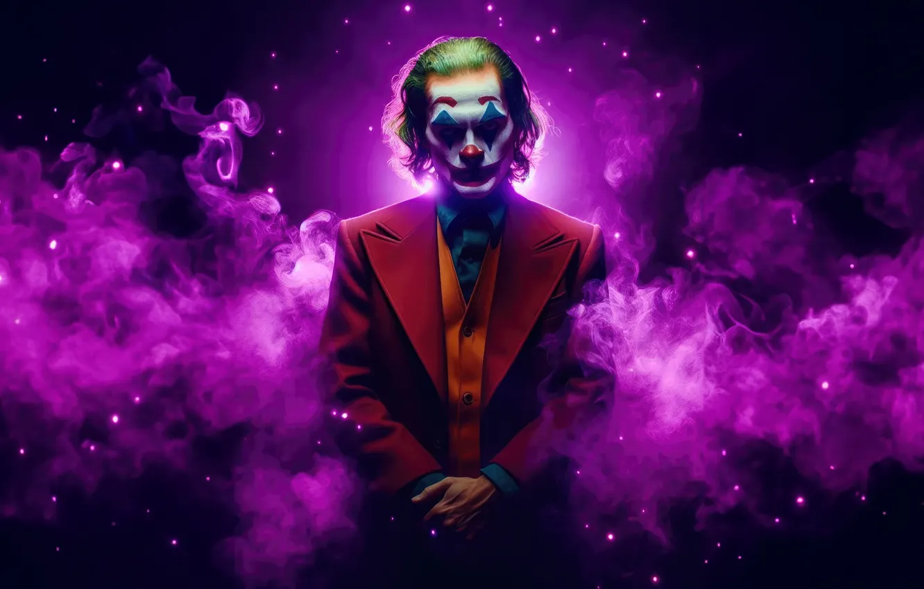 Фото обои розовый, дым, Джокер, костюм, Joker, Марвел