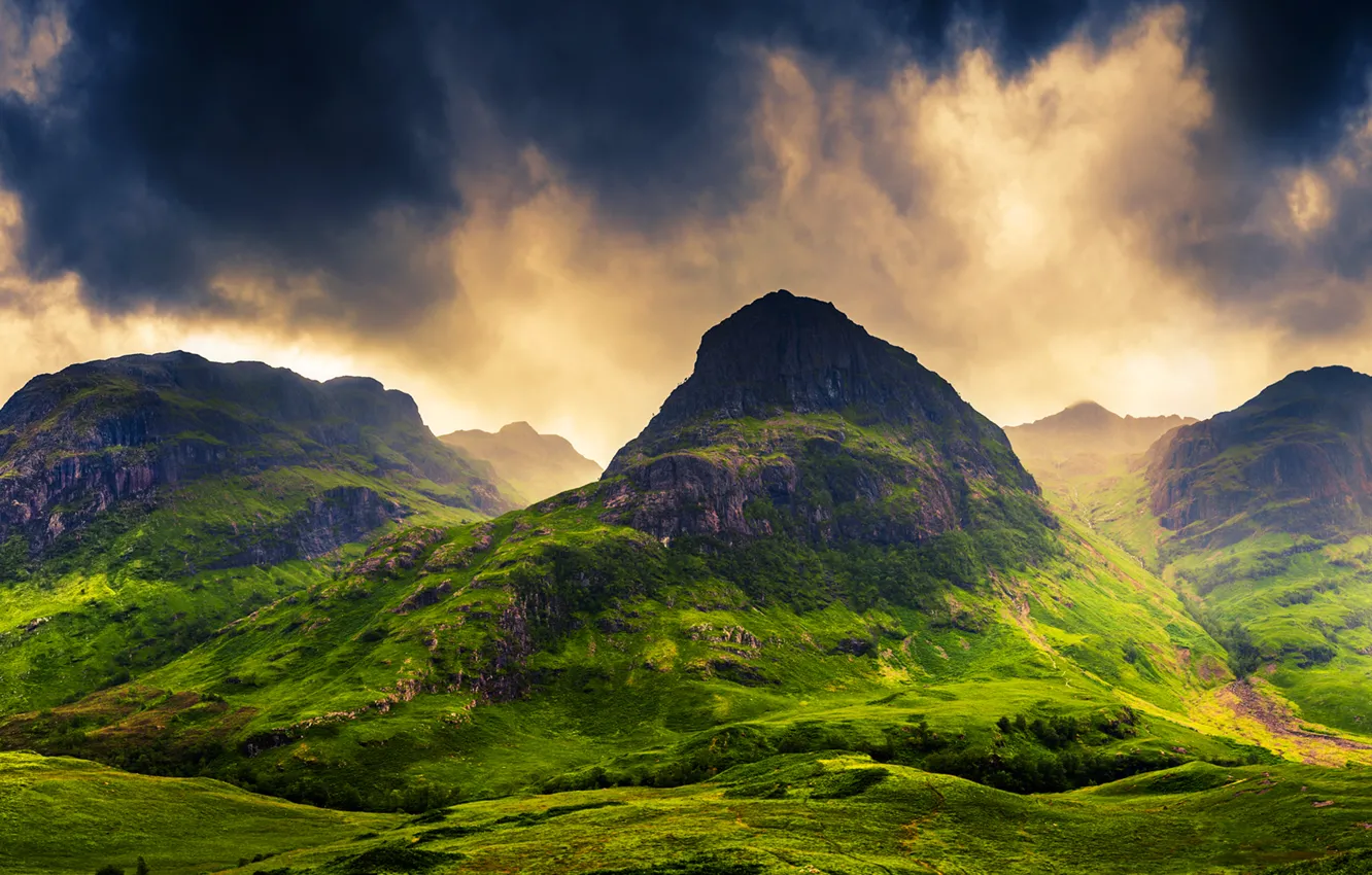 Фото обои небо, трава, облака, пейзаж, горы, природа, Шотландия, Scotland