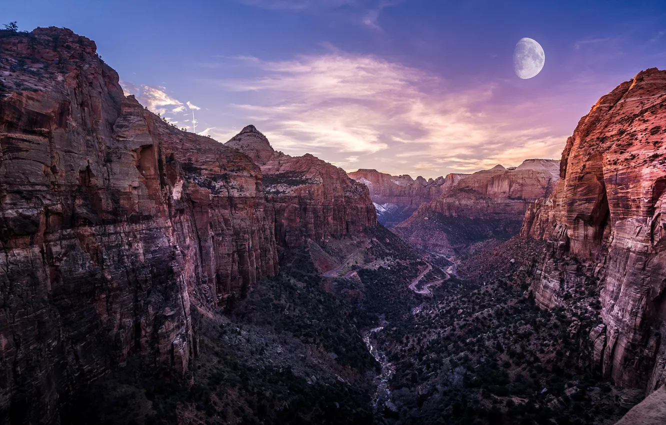 Фото обои скалы, луна, каньон, Zion National Park