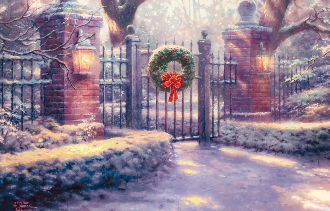 Фото обои снег, Ворота, фонари, украшение, живопись, Томас Кинкейд, painting, Thomas Kinkade