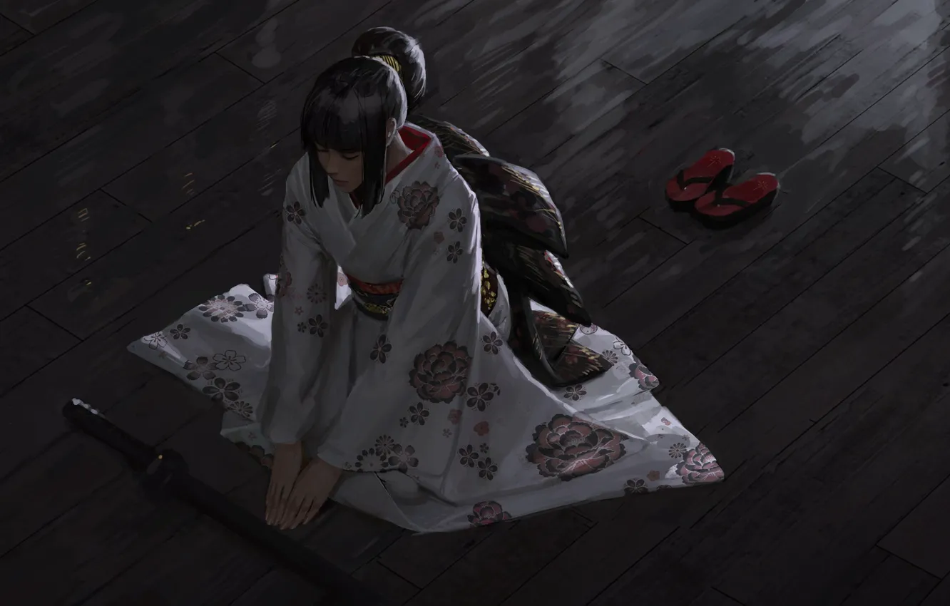 Фото обои японка, медитация, кимоно, вид сверху, katana, сидит на полу, закрытые глаза, kimono