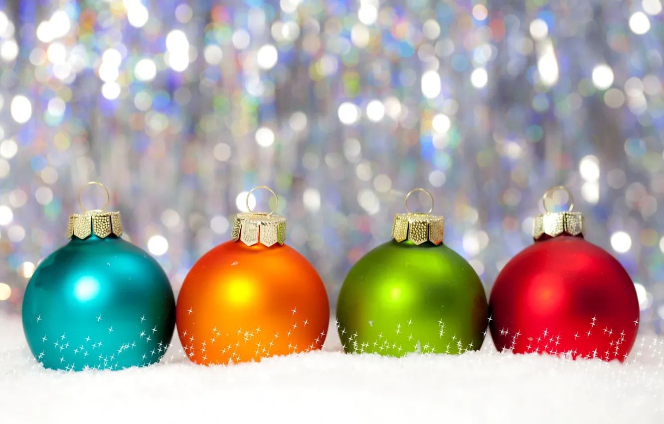 Фото обои шарики, снег, блики, шары, Рождество, Новый год, разноцветные