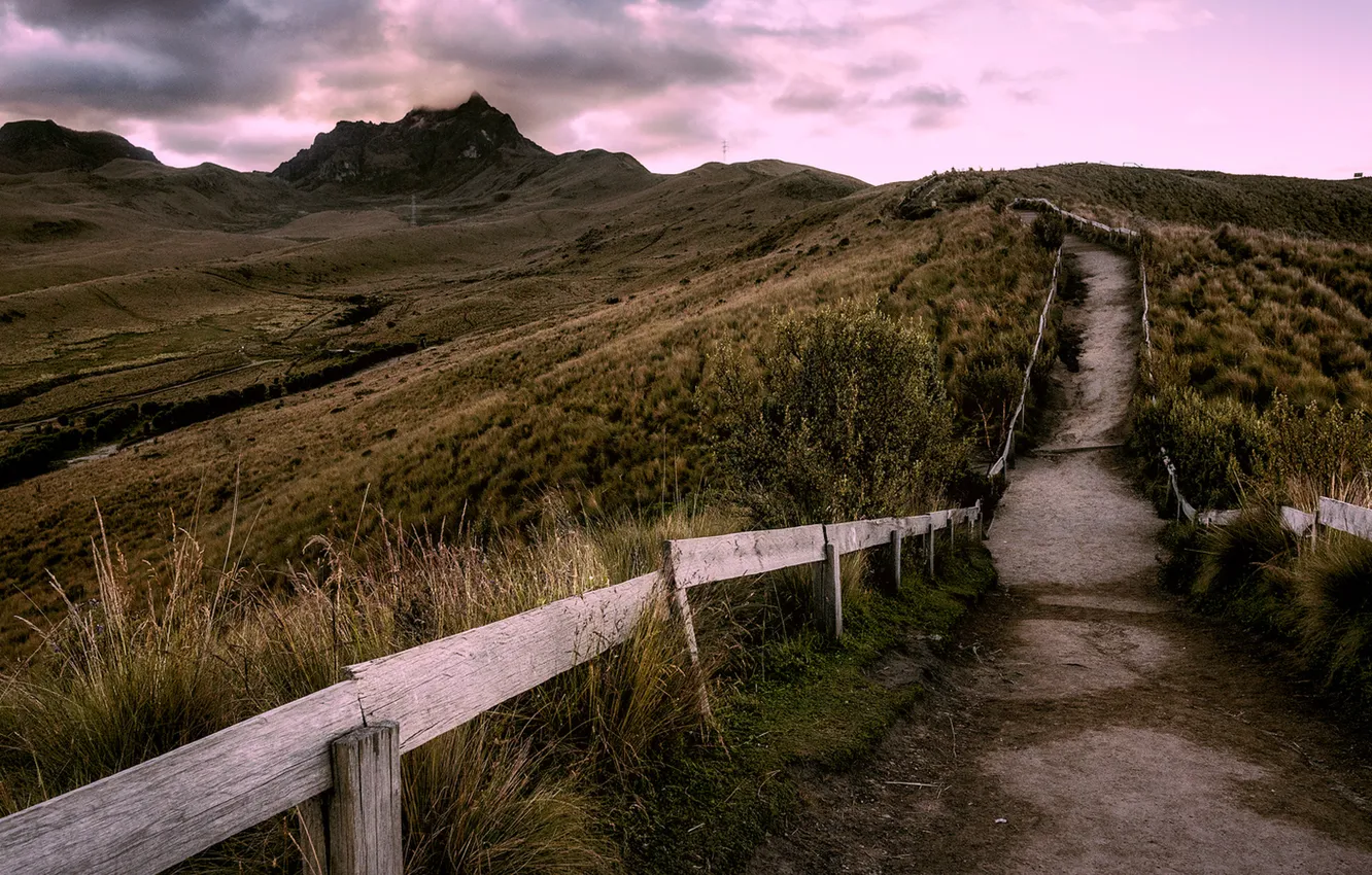 Фото обои mountain, pathway, wood fence, clouded