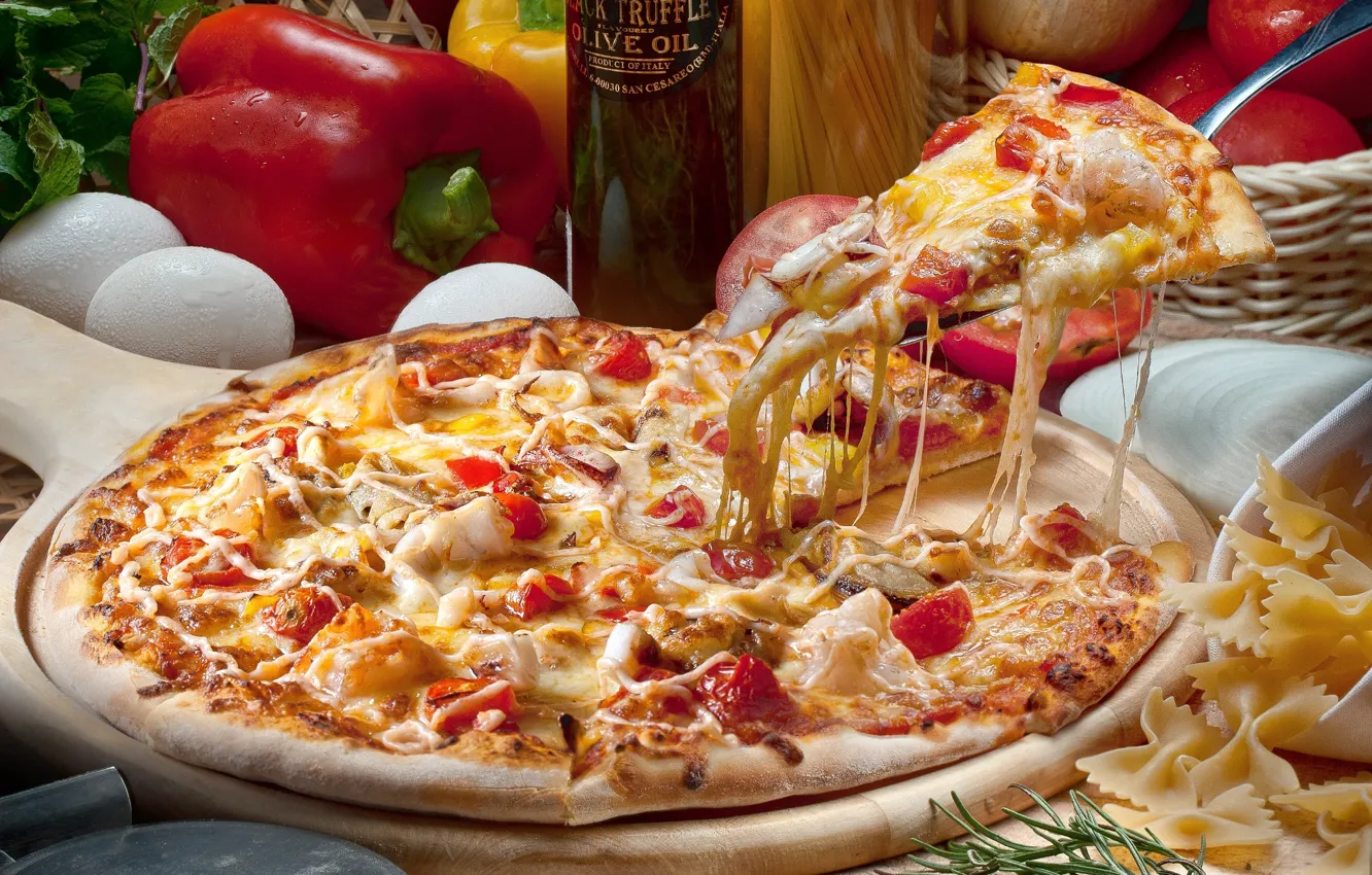 Фото обои масло, яйца, сыр, перец, пицца, помидор, паста