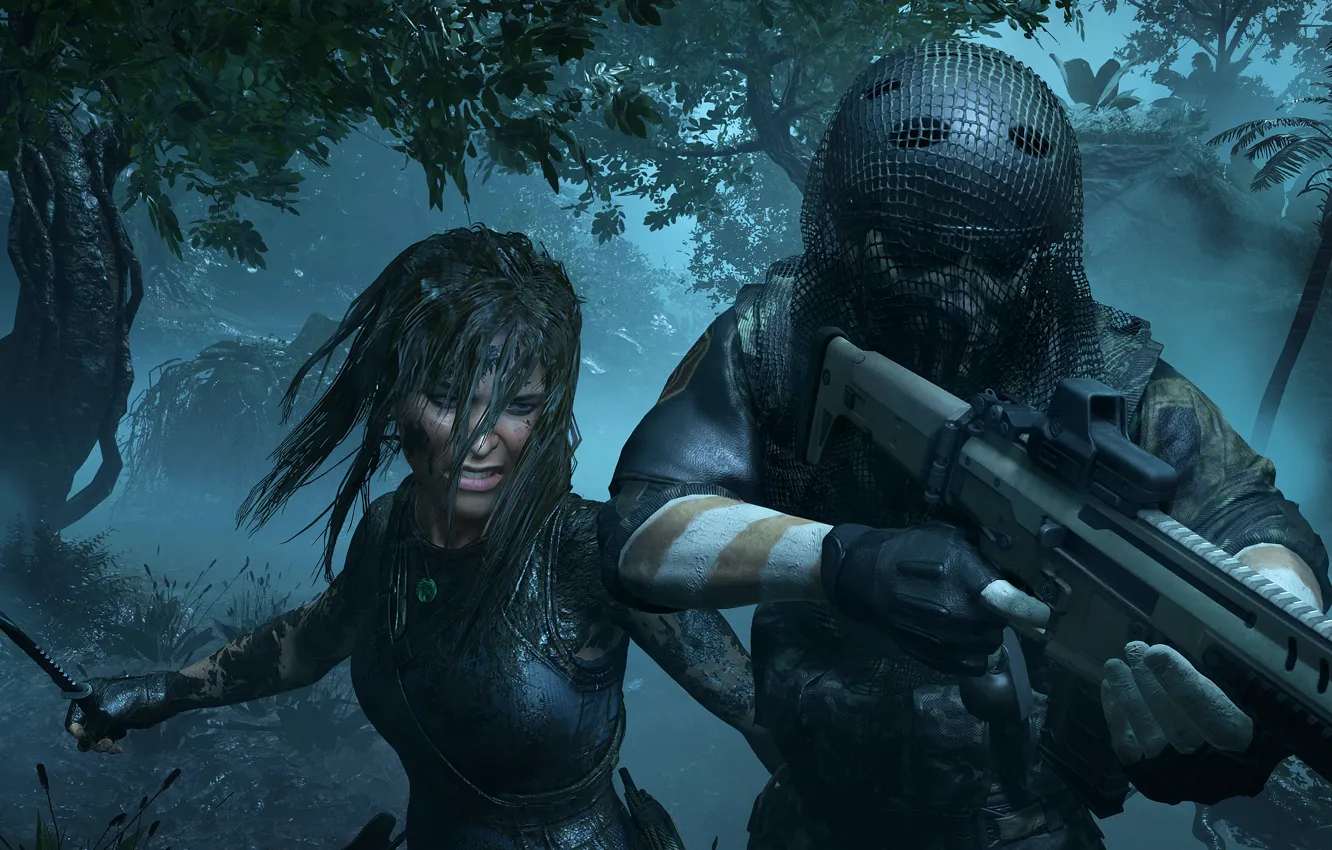 Фото обои Девушка, Деревья, Нож, Солдат, Оружие, Джунгли, Square Enix, Lara Croft