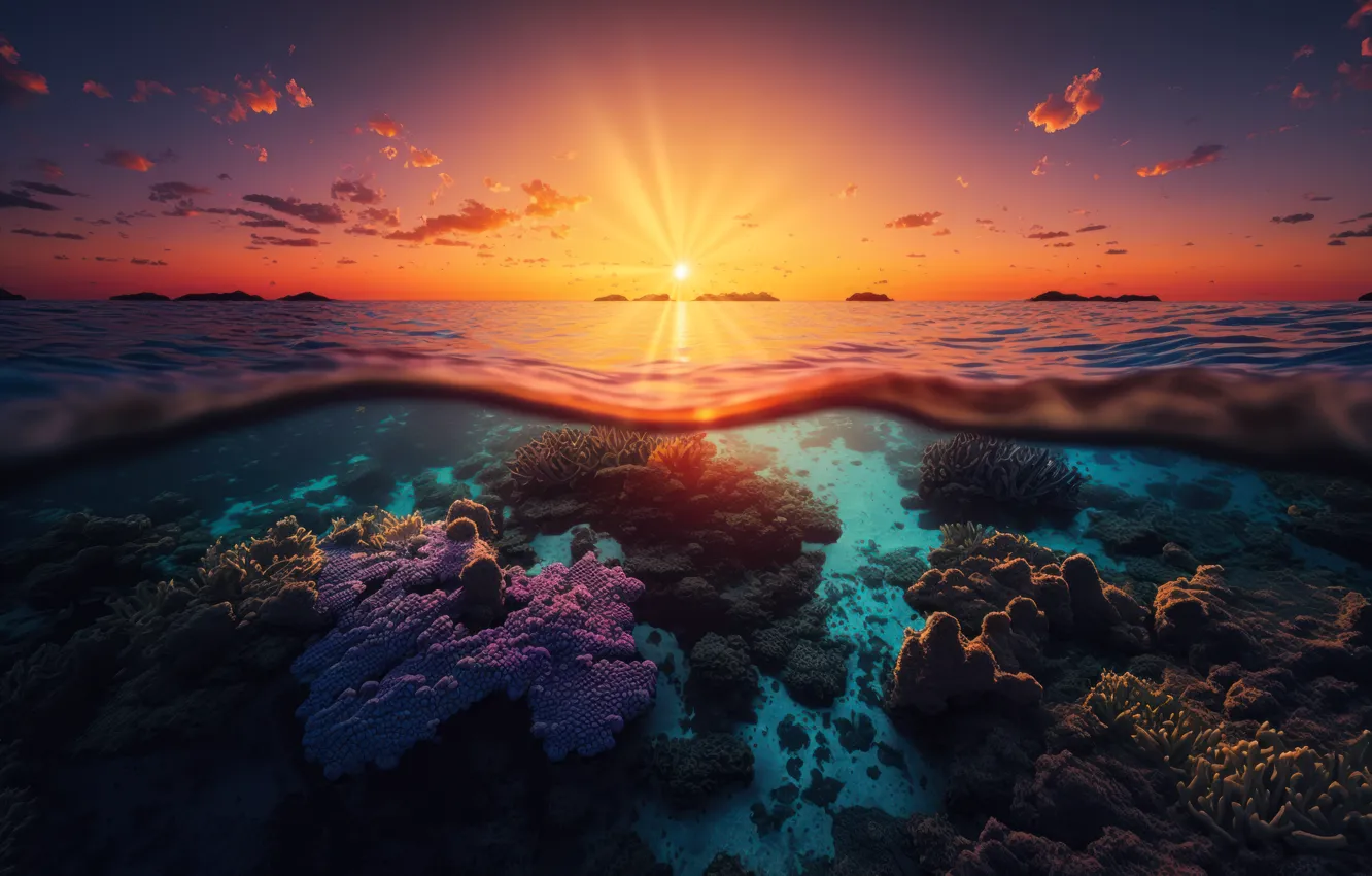 Фото обои Nature, Sunset, Underwater, Seascape, AI art, Coral reef