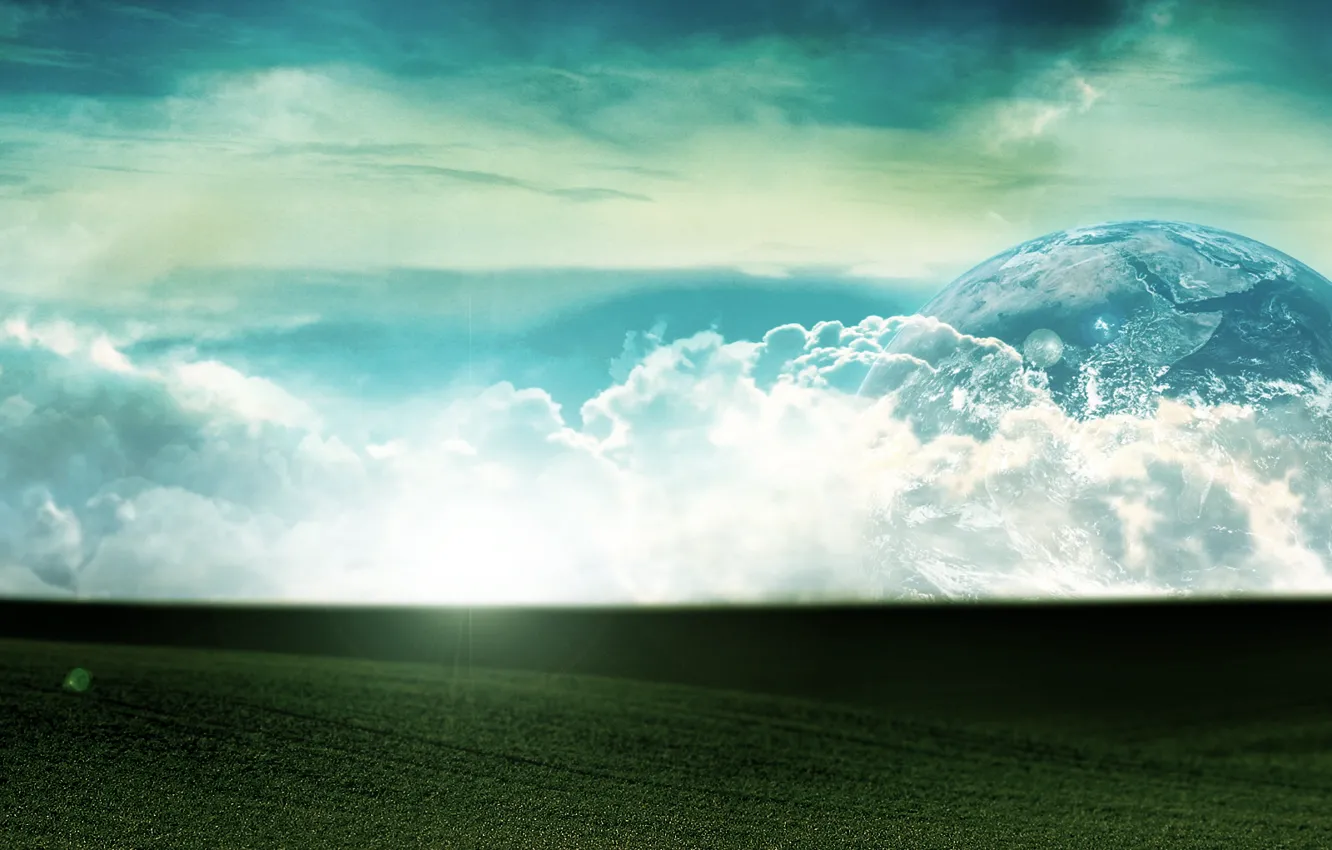 Фото обои небо, трава, облака, свет, планета