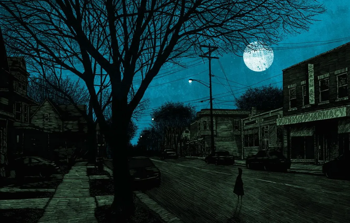 Фото обои деревья, машины, ночь, луна, улица, мрак, дома, фонари
