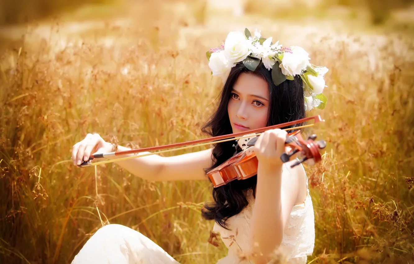 Фото обои лето, девушка, музыка, скрипка, азиатка