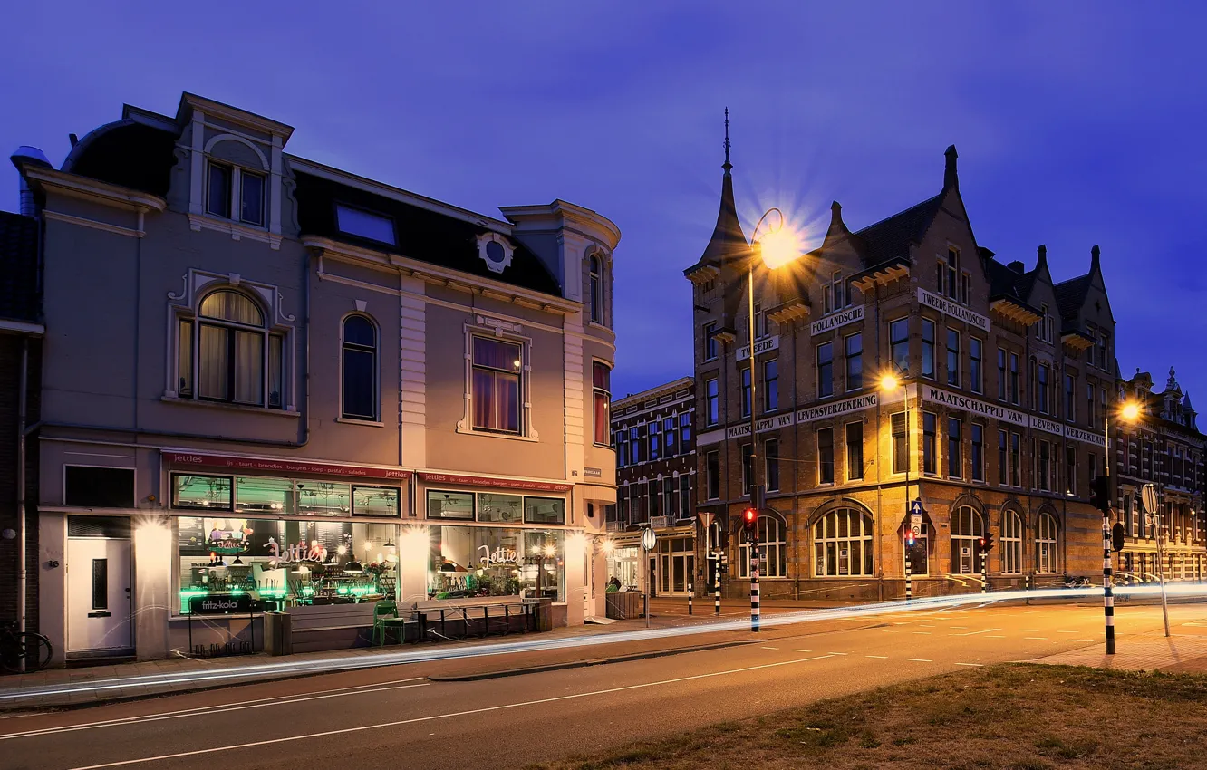 Фото обои улица, вечер, фонари, Нидерланды, Haarlem