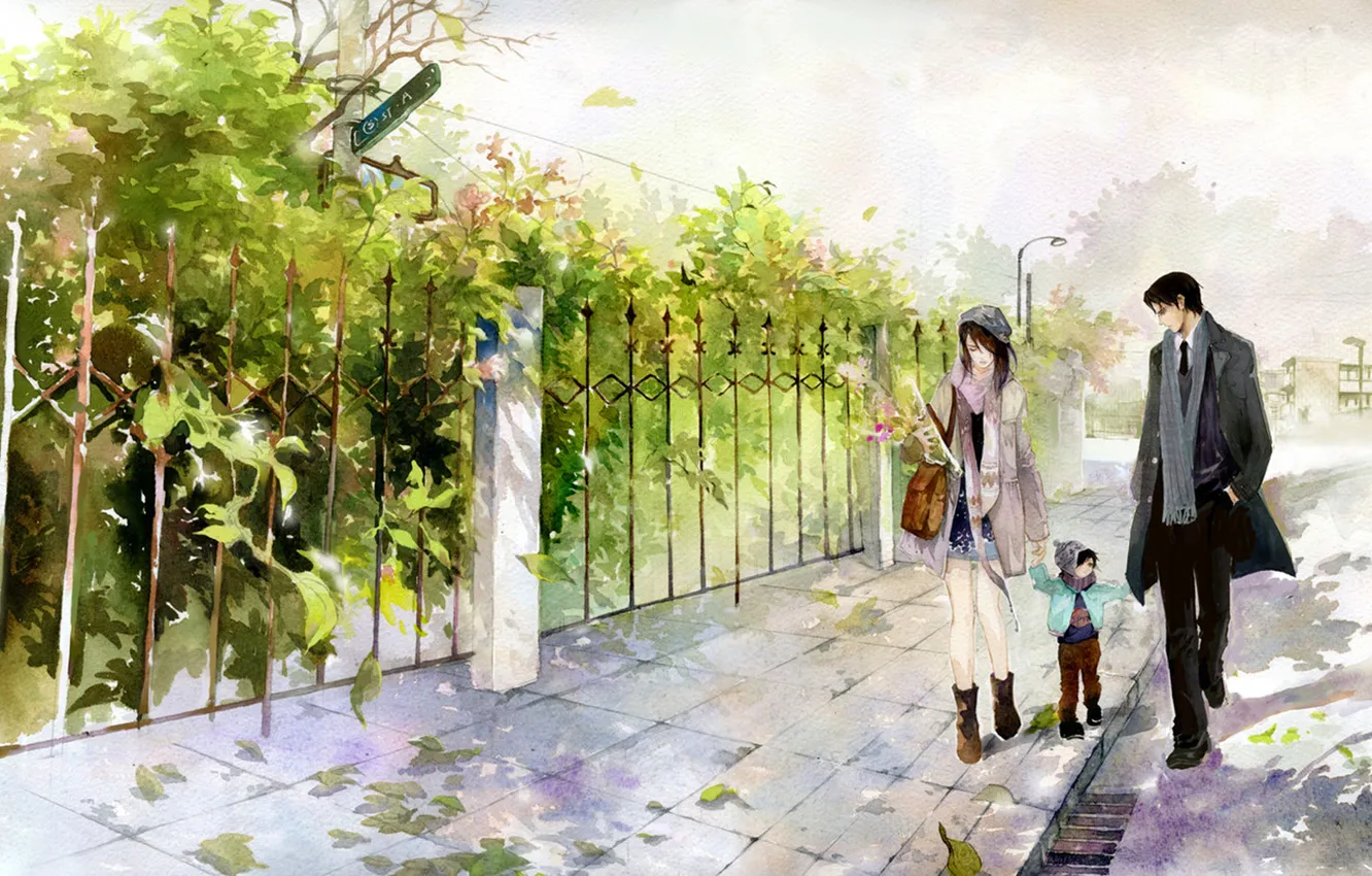 Фото обои листва, рисунок, семья, прогулка, ребёнок, he he wu