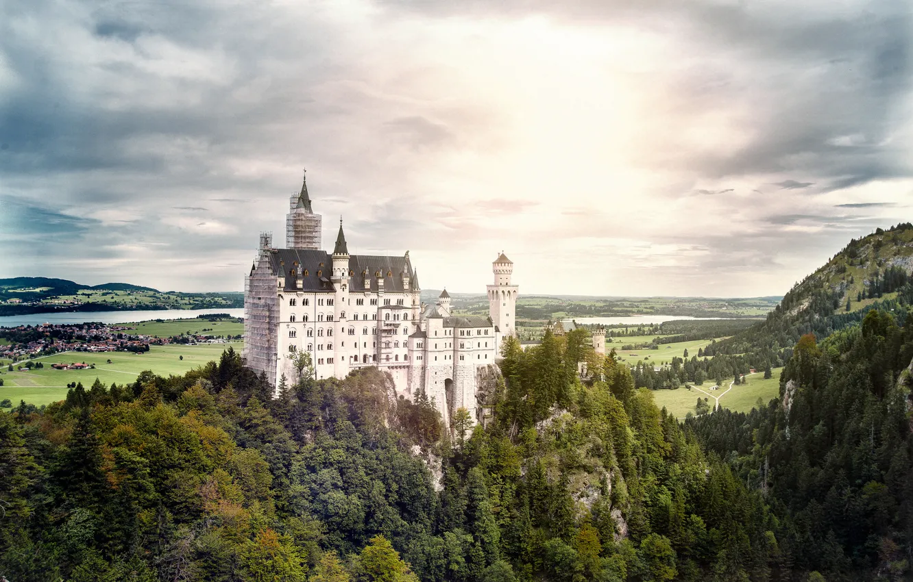 Фото обои лес, пейзаж, замок, гора, Германия, Bavaria, Hohenschwangau