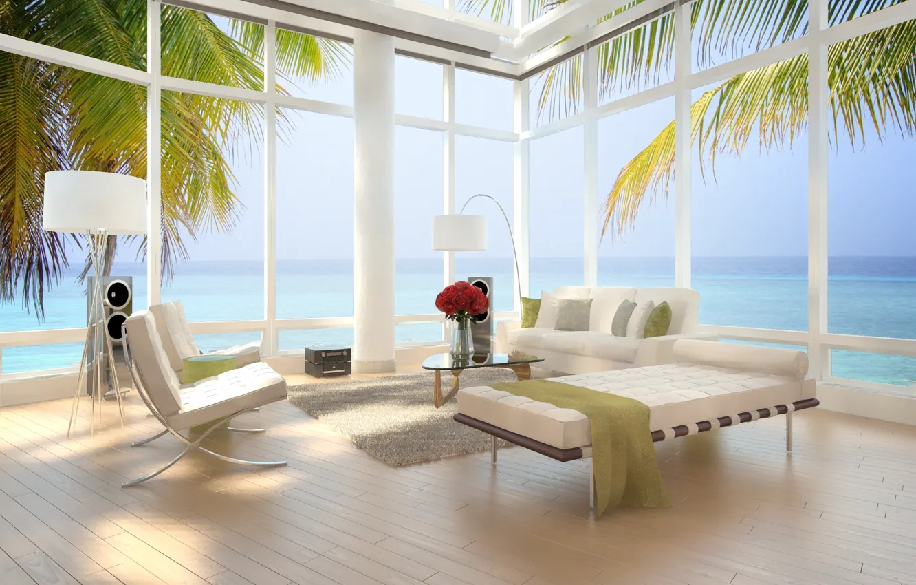 Фото обои дизайн, пальмы, стулья, современный, квартира, design, кровати, Интерьер