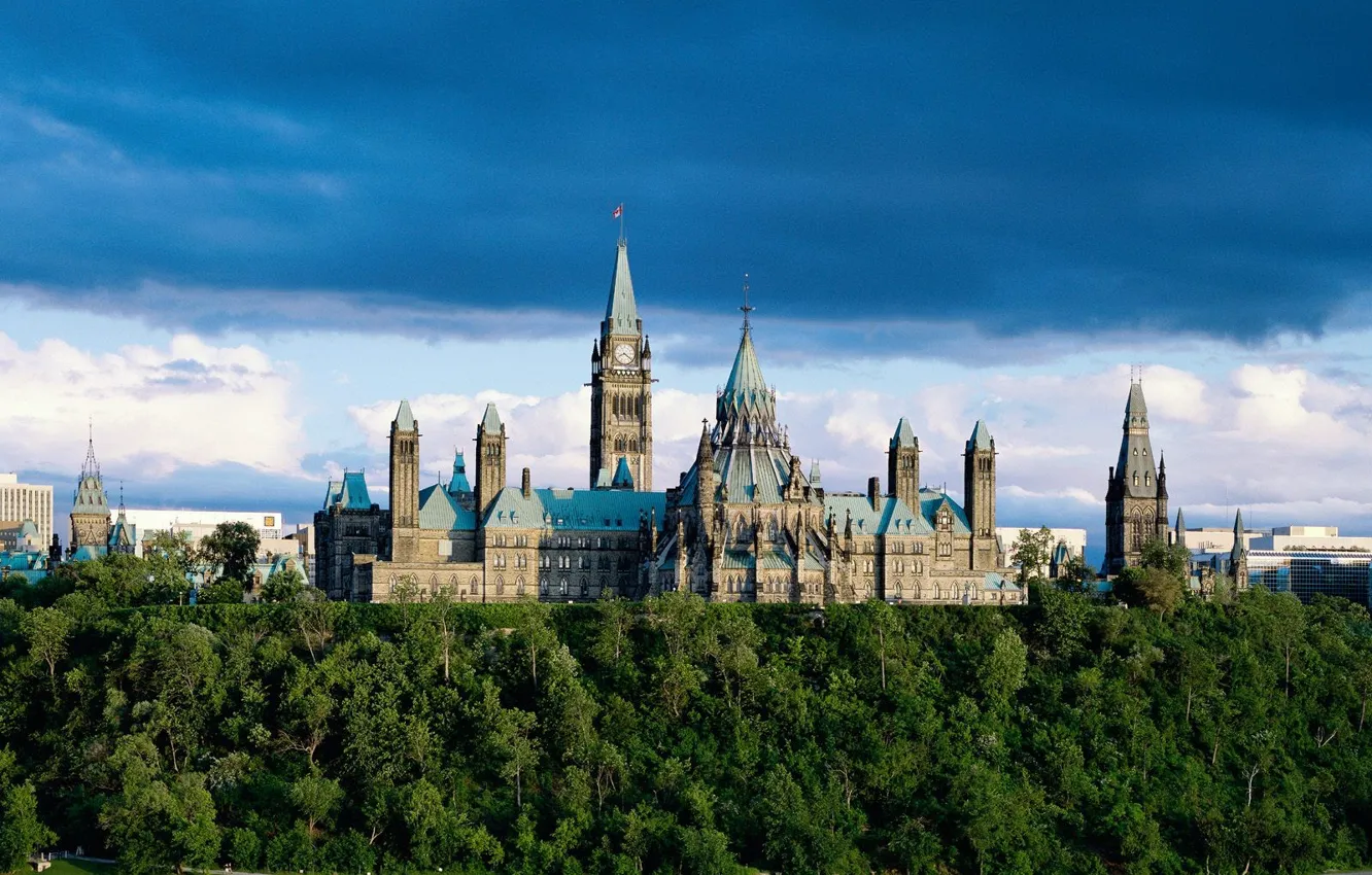 Фото обои облака, деревья, здание, Парламент, Канада, Онтарио