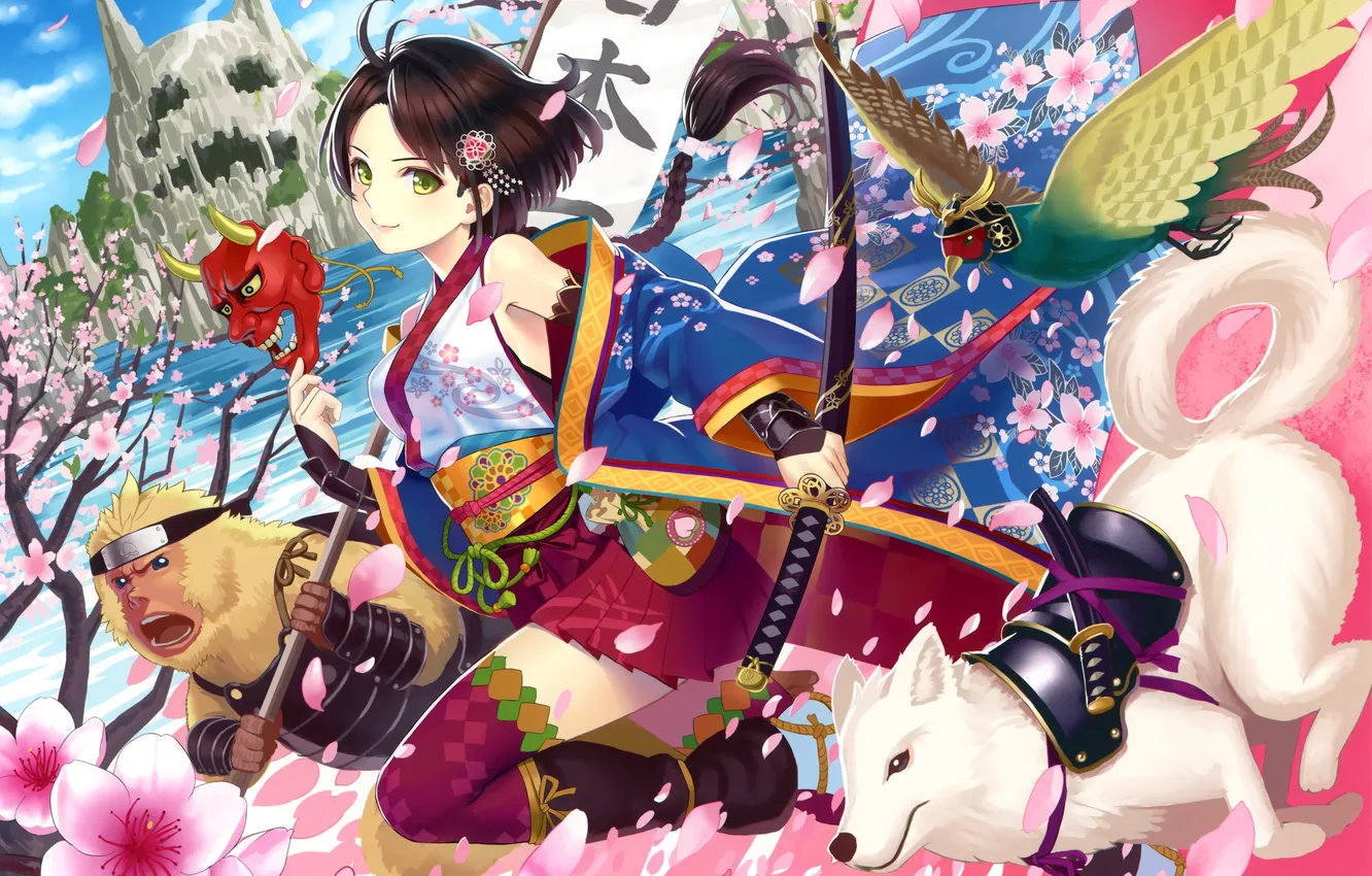 Фото обои девушка, птица, собака, меч, сакура, маска, арт, обезьяна