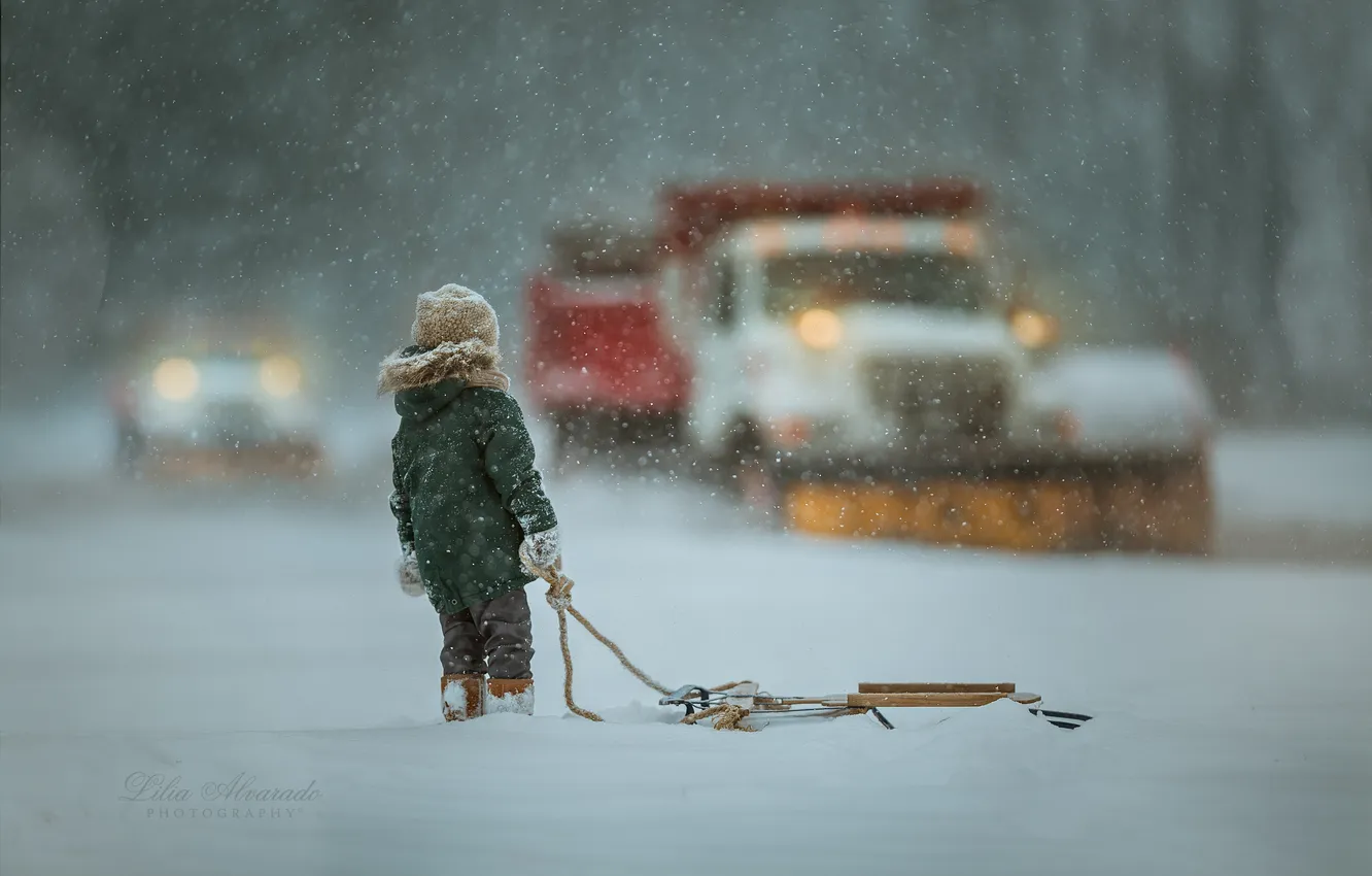 Фото обои зима, мальчик, санки