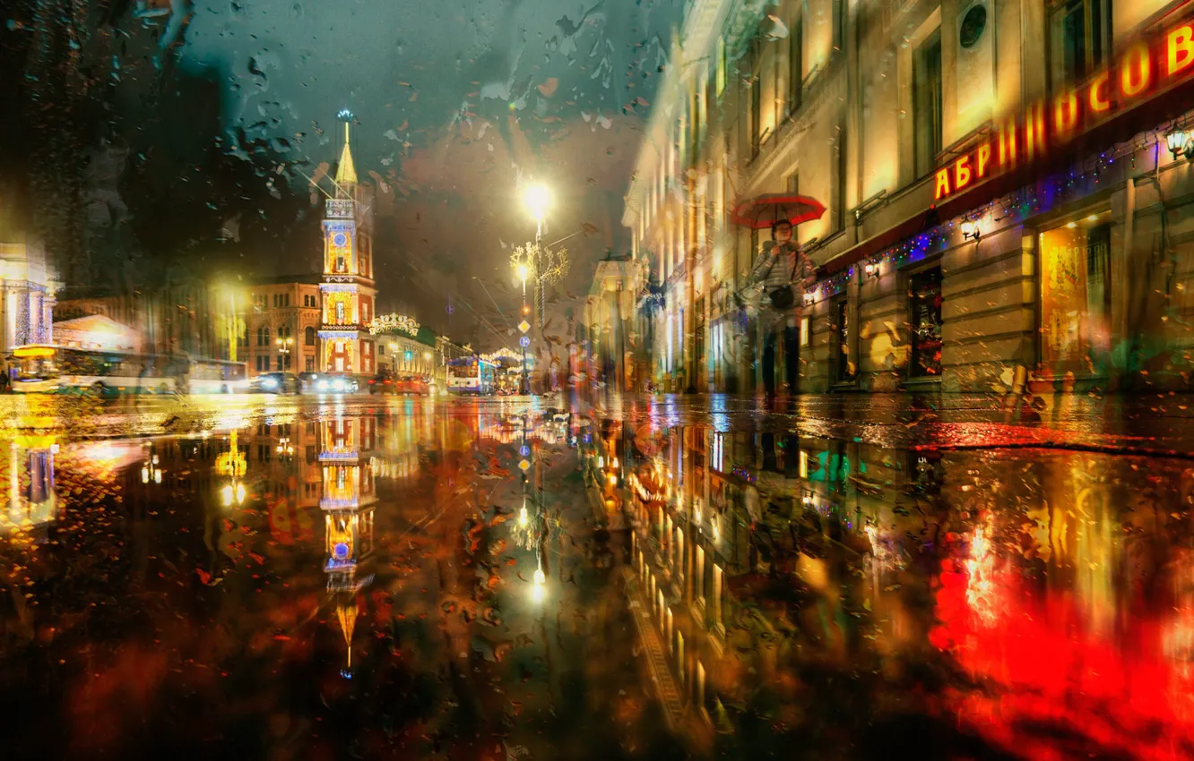 Фото обои зима, дорога, город, дождь, улица, здания, вечер, освещение