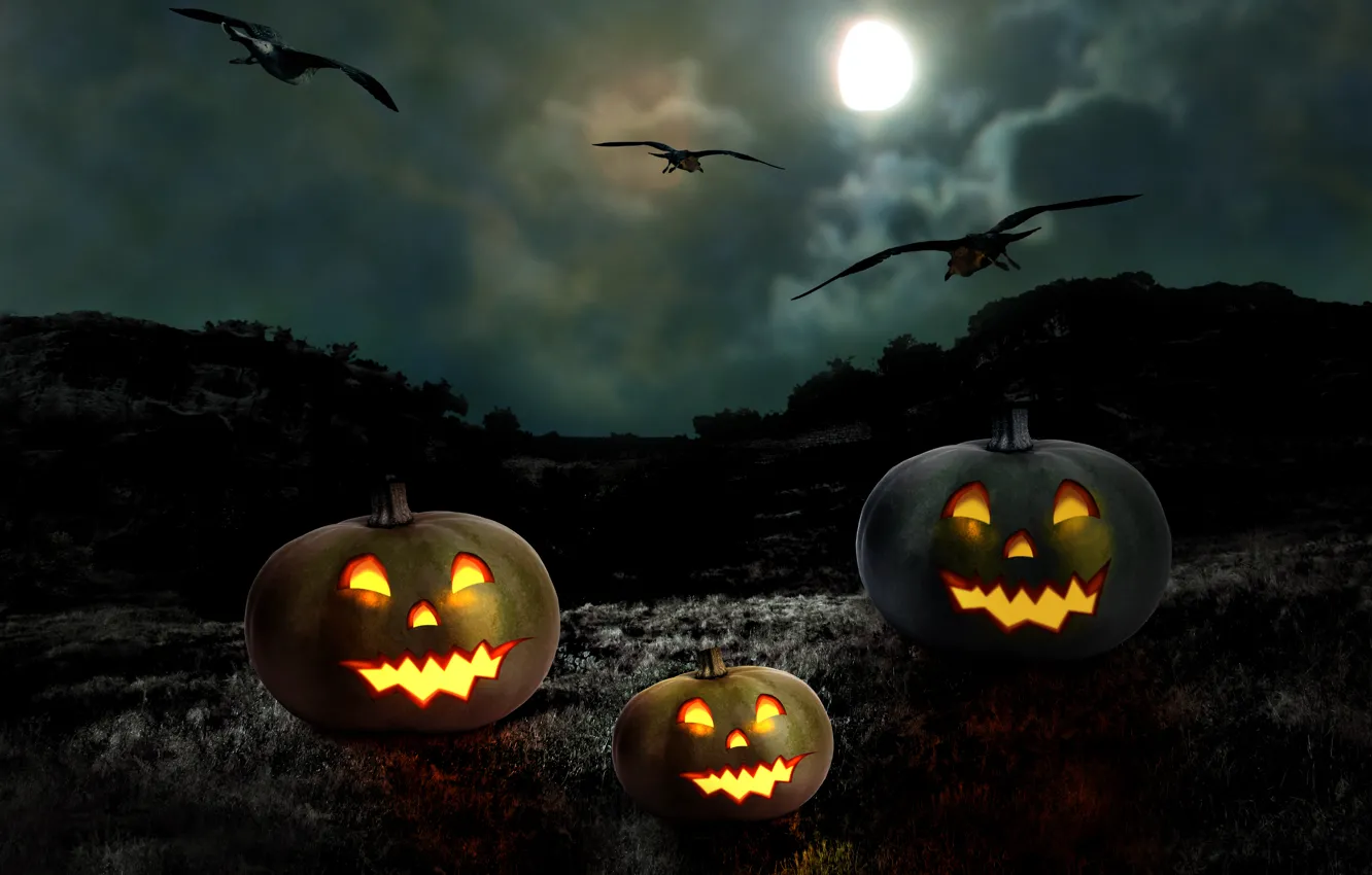 Фото обои ночь, тыквы, Halloween, moon, Хэллоуин, полнолуние, night, holiday